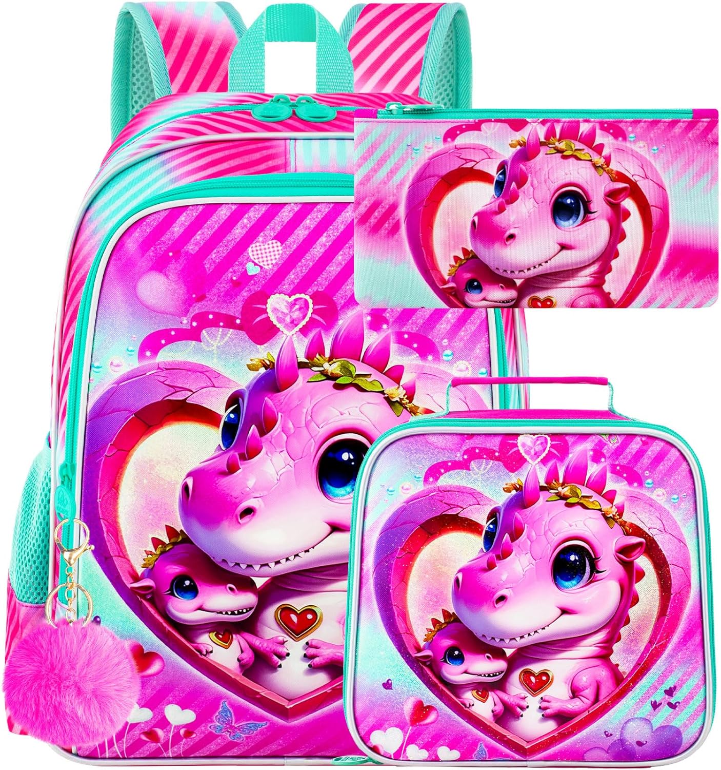 3PCS Girls Backpack, Kids Water Resistant Heart Bookbag Set with Lunch Box, Cute Kids School Bag for Preschool Toddler