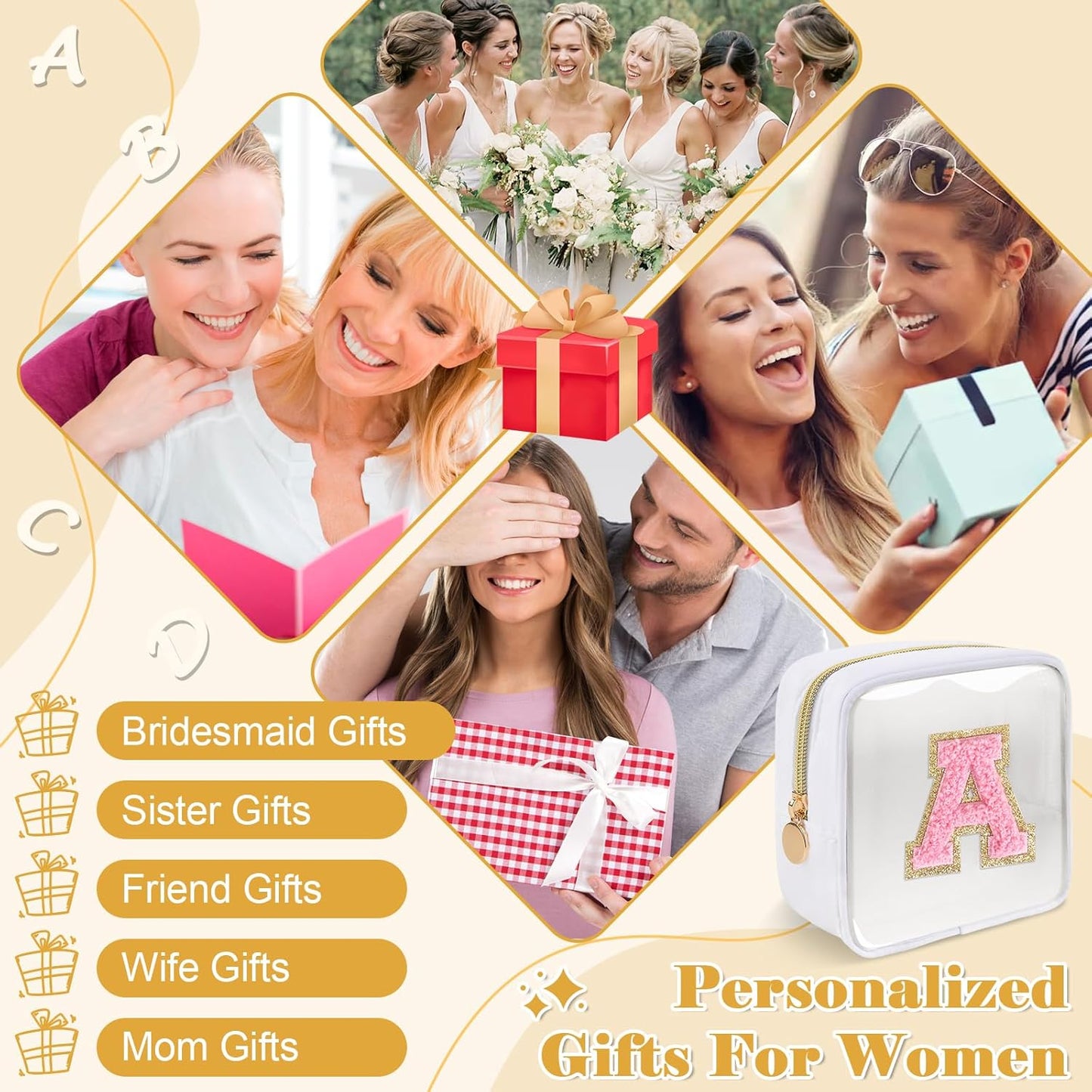 Personalized Initial Letter Clear Preppy Makeup Bag,Mini Nylon Chenille Letter Cosmetic Bag Cute