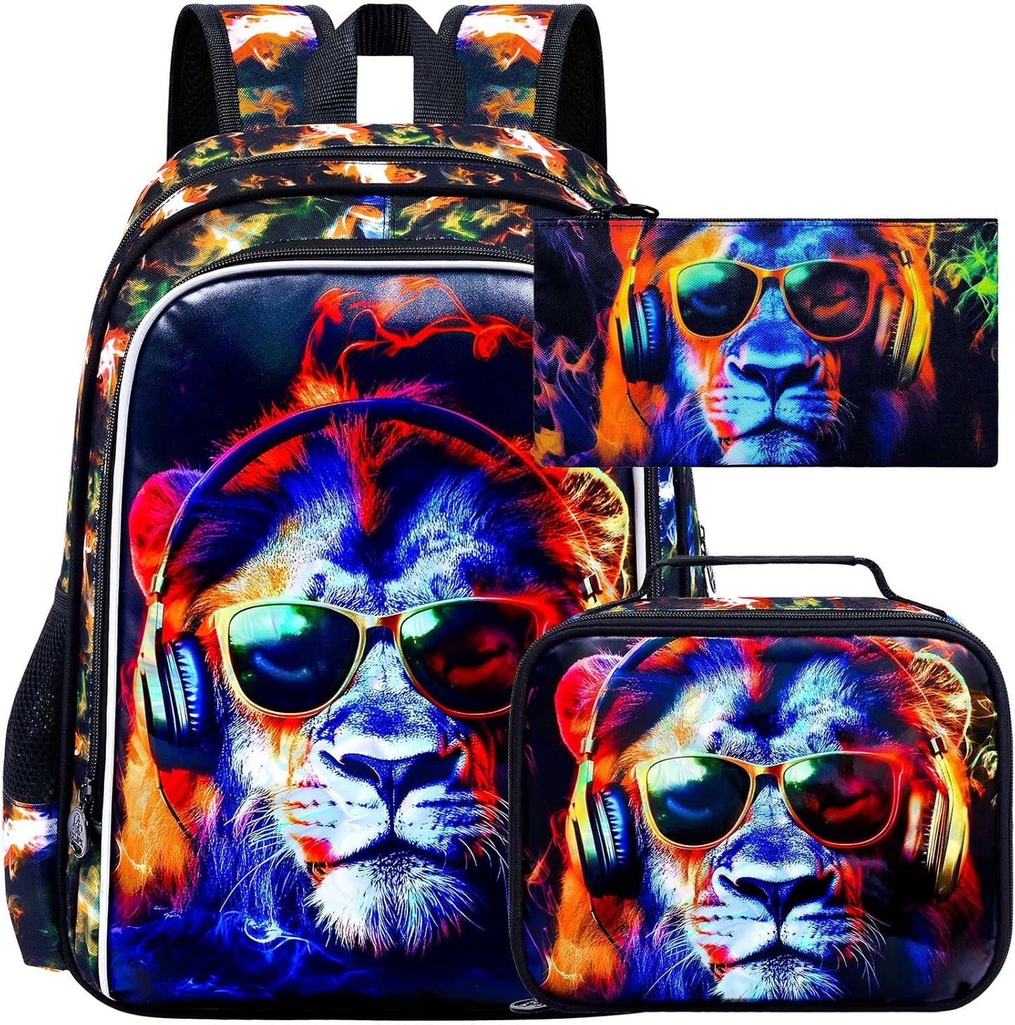 3PCS Boys Lion Bookbag, Water Resistant Kids Backpack with Lunch Box, 17" School Bag Set for Teenagers Middle Elementary - Sunglasses Lion