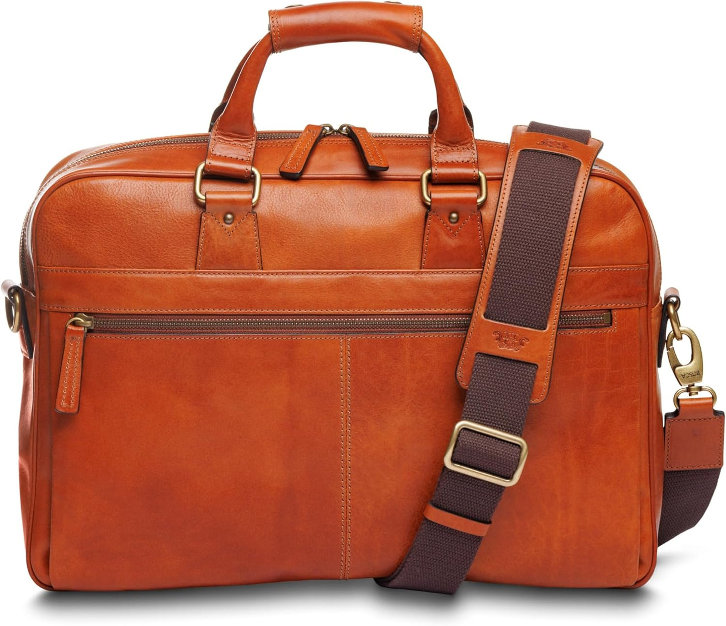Bosca Real Leather Messenger Bag for Men - Dolce Italia Vegetable-Tanned Leather with RFID Pocket For Work & Travel - Fits 16" Laptops - Exterior Zipper Pockets, & Trolley Strap Amber Brown