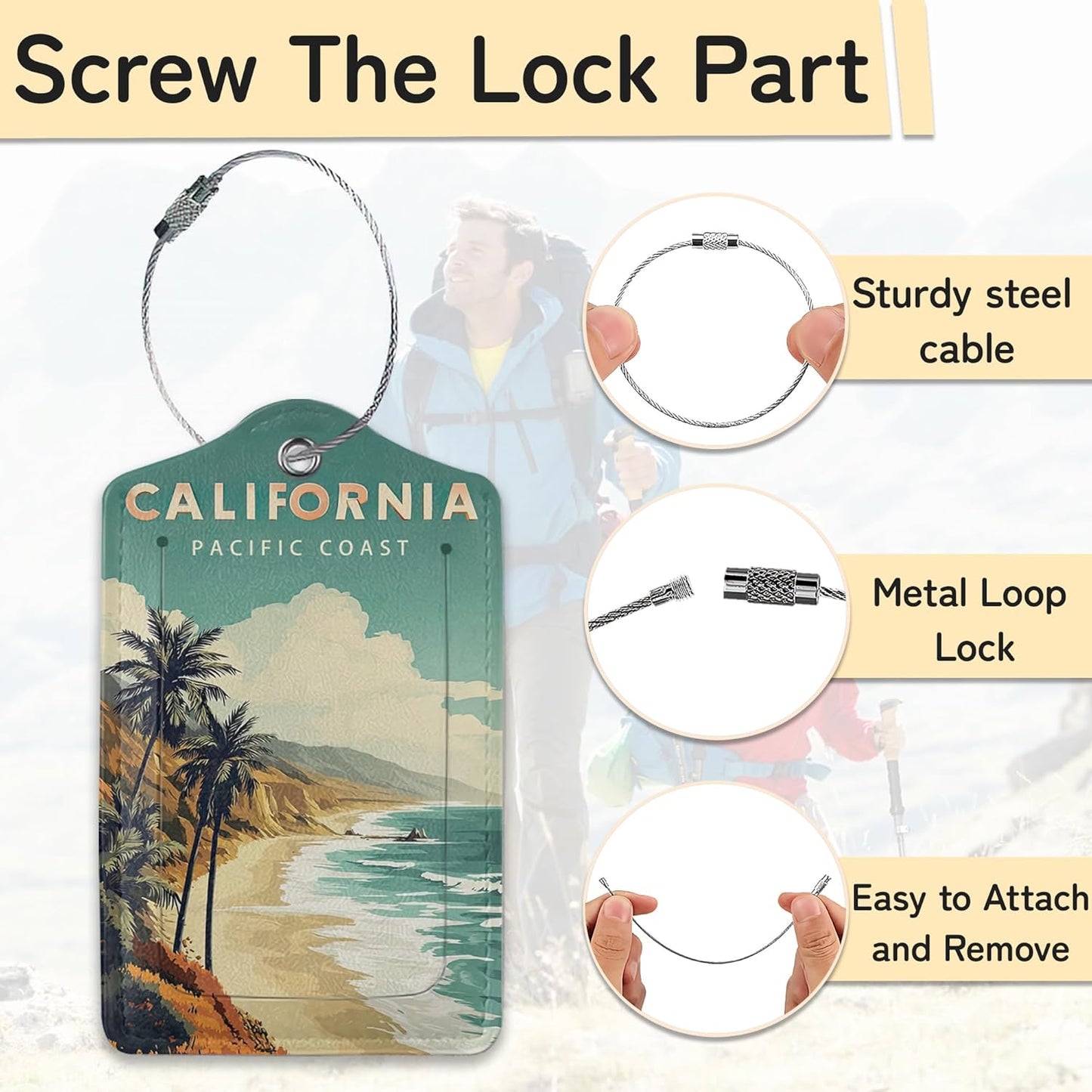 3 Pack Beach Tree Palm Luggage Tags for Suitcases, Cute Leather Name Tag with Privacy Cover with Stainless Steel Loops, Travel ID Bag Tags for Women Men
