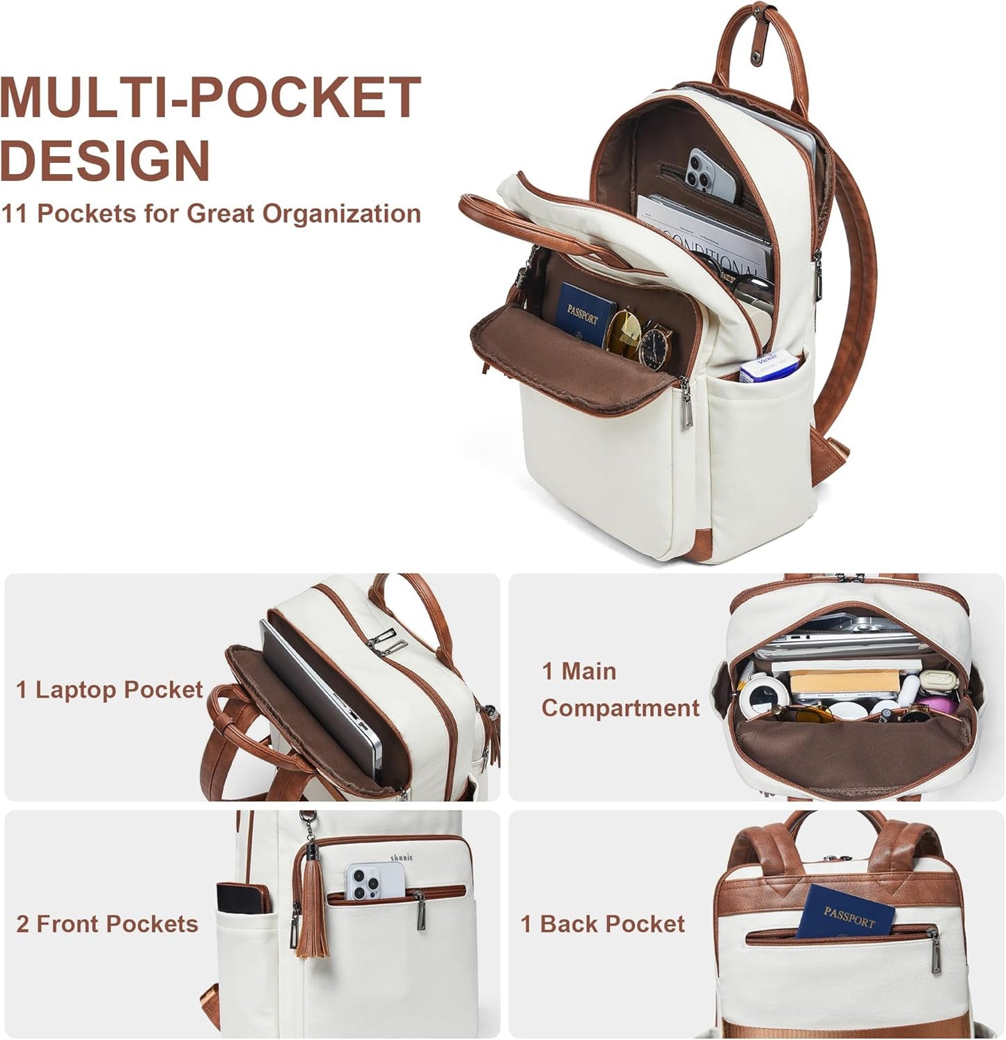 Shrrie Laptop Backpack for Women 15.6 inch Travel Leather Backpack Purse Work Computer Backpacks for Business College Beige