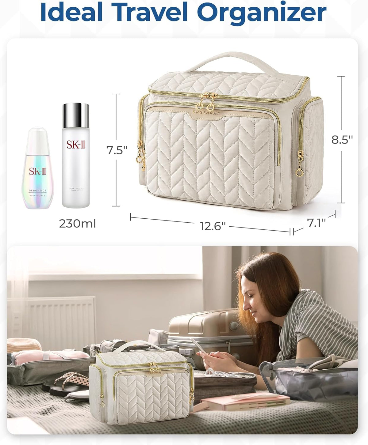 BAGSMART Travel Toiletry Bag, Large Wide-open Travel Bag for Toiletries, Makeup Cosmetic Travel Bag