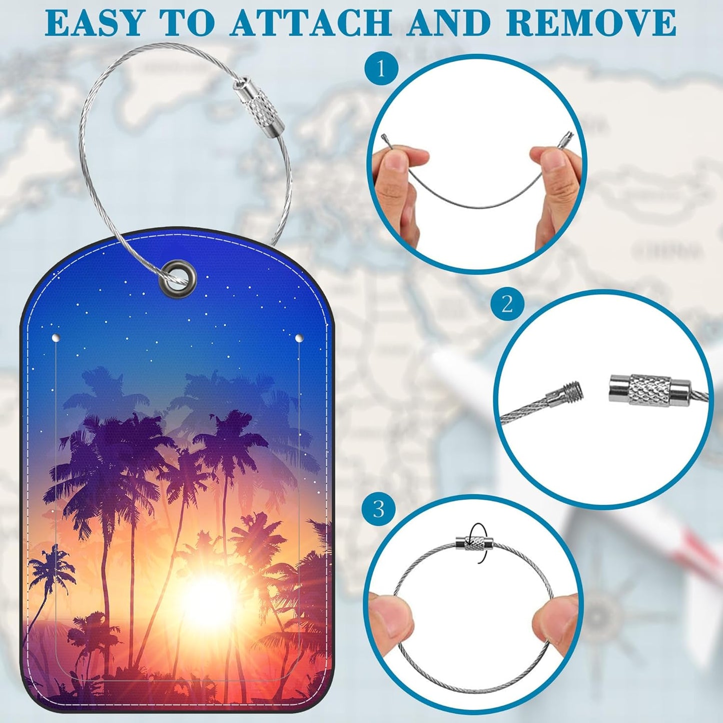 2 Pack PU Luggage Tags for Suitcase, Retro Sunset and Palm Trees Suitcase Tag Leather ID Label Bag Tags with Privacy Cover and Metal Loop for Men Women Travel Bag