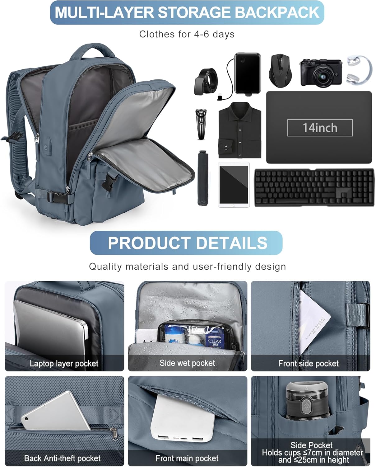 VGCUB Large Travel Backpack Bag for Women Men,Carry on Backpack,17 Inch Laptop Business Work Waterproof Backpack with Laptop Compartment,Person Item Flight Approved,Mochila de Viaje,Jewel Blue