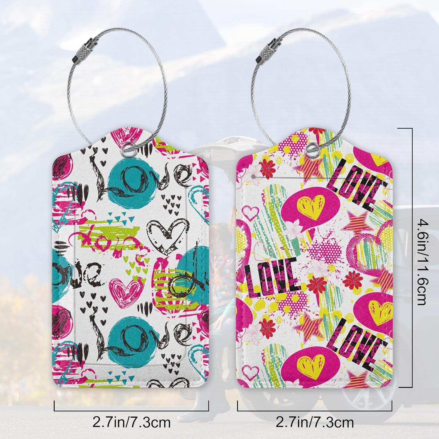 Abstract Colorful Colors Hearts 2 PCS Luggage Tags, Privacy Cover ID Label with Stainless Steel