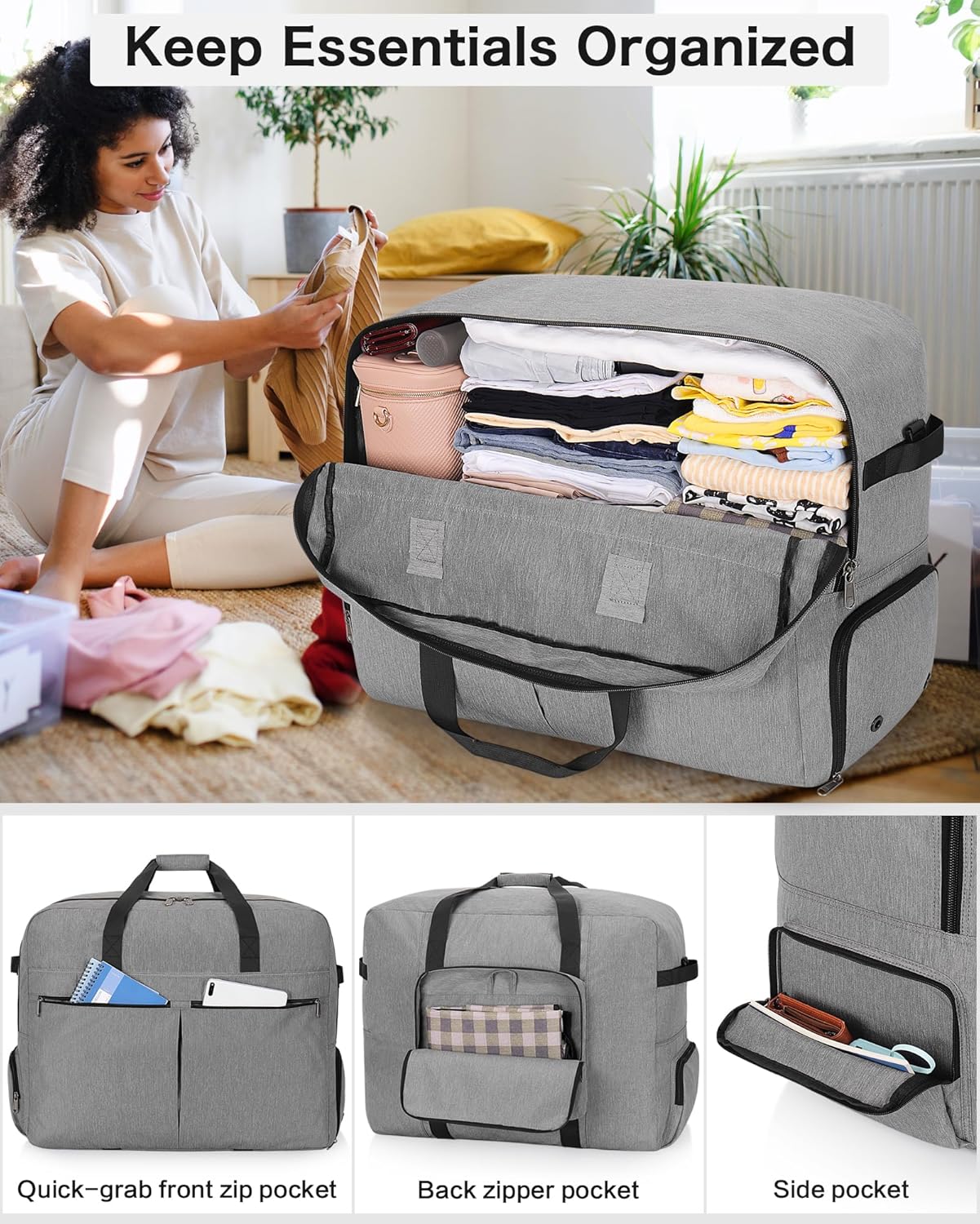 120L Foldable Large Travel Duffle Bag for Men and Women, Packable Duffel Bags with Shoe Compartment, Water Repellent & Tear Resistant (Gray)