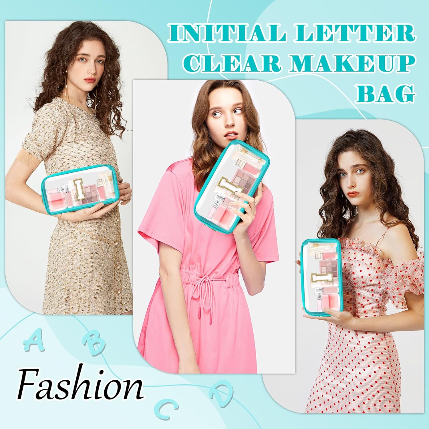Personalized Initial Letter Clear Makeup Bag,Preppy Small Nylon&PVC Cosmetic Zipper Bag with
