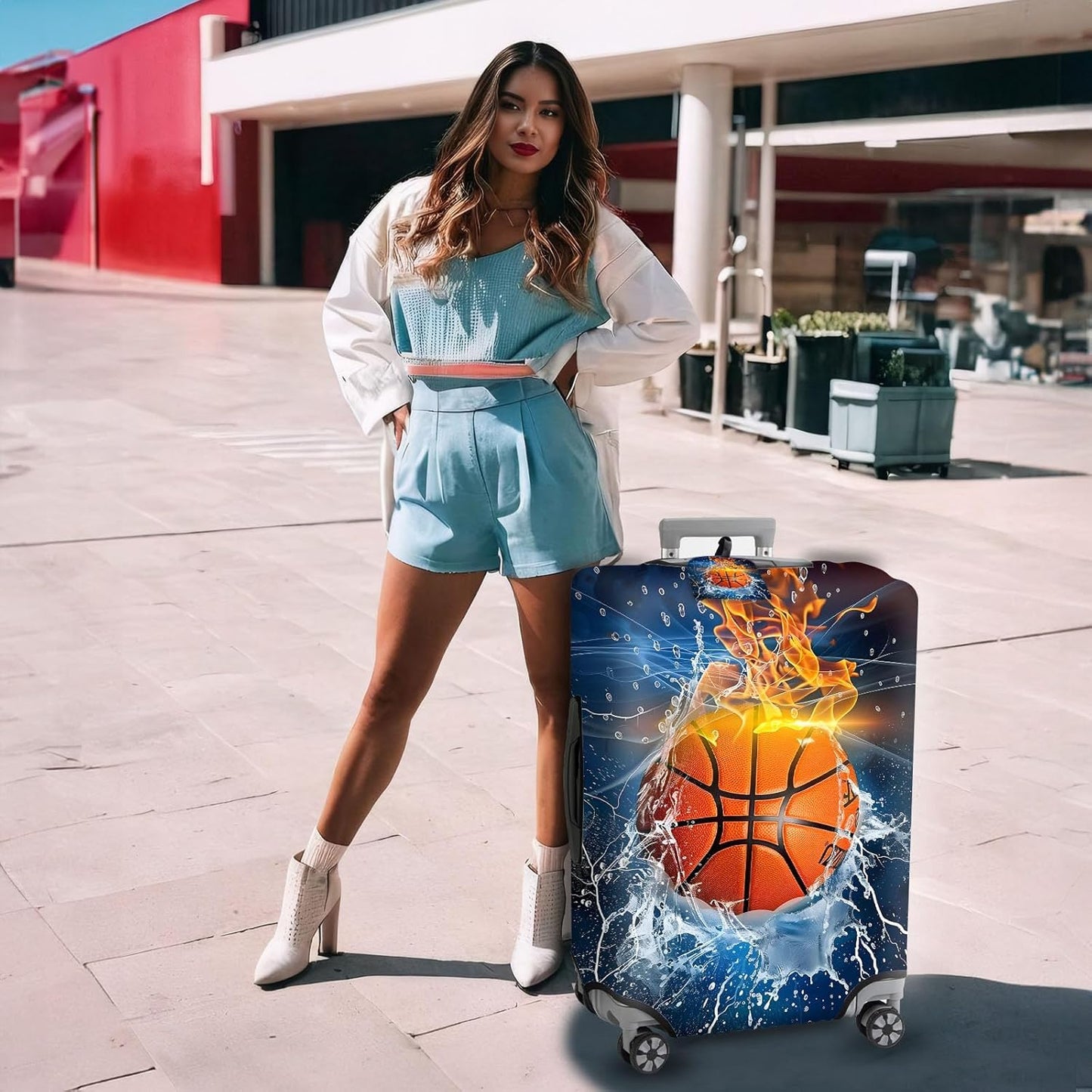 Travel Luggage Cover,Ice Fire BasketballTheme Suitcase Cover Accessory Kit, Luggage Tag, and Comfortable Luggage Handle Wrap, Washable Luggage Suitcase Protector (22-24 inch,M)