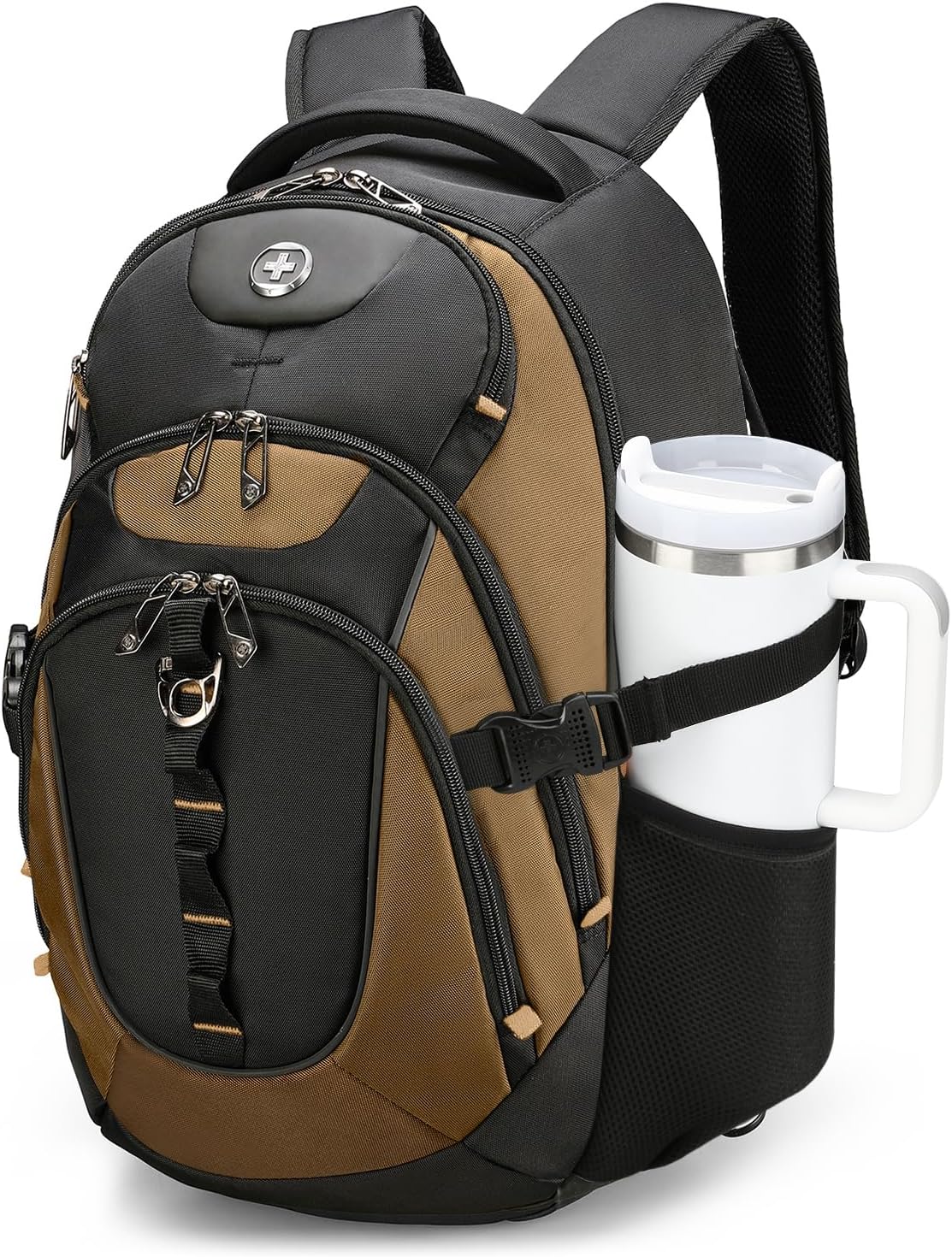 Swissdigital Design Laptop Backpack with USB Charging Port, Travel Backpack Fits 15.6 inches Computer, 31L College School Backpack for Men, Tan/Black | SD803