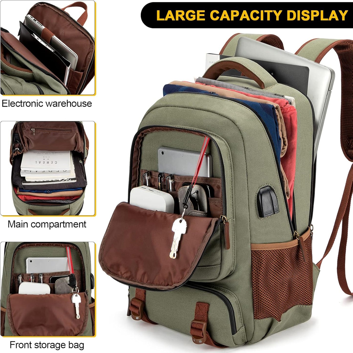 Tzowla Canvas Laptop Backpack, Bag for Men Women,Travel Work Rucksack Fits 15.6 Inch Laptop