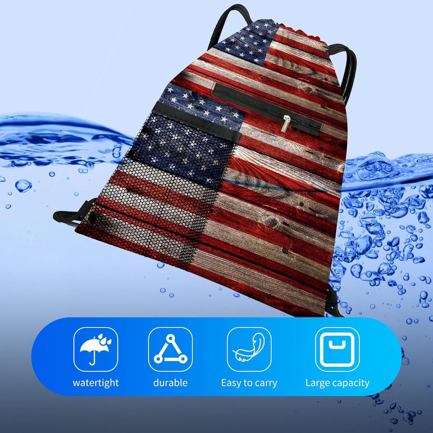 Drawstring Backpack Sports Gym Bag, Large String Swim Bag for Beach With Water Bottle Mesh Pocket, Cute Gym Sack with Zipper Pocket for Men Women Cute Flag