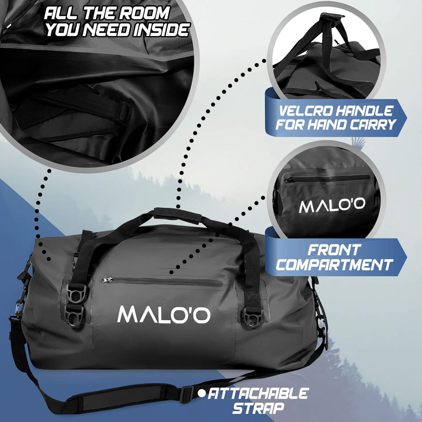 Malo’o Waterproof Dry Duffel, Heavy-Duty Roll Top Waterproof Gear Bag with Shoulder Strap & Molle Loops, Marine Duffel for Kayaking, Boating, Camping, Beach & Travel, Black, 100L