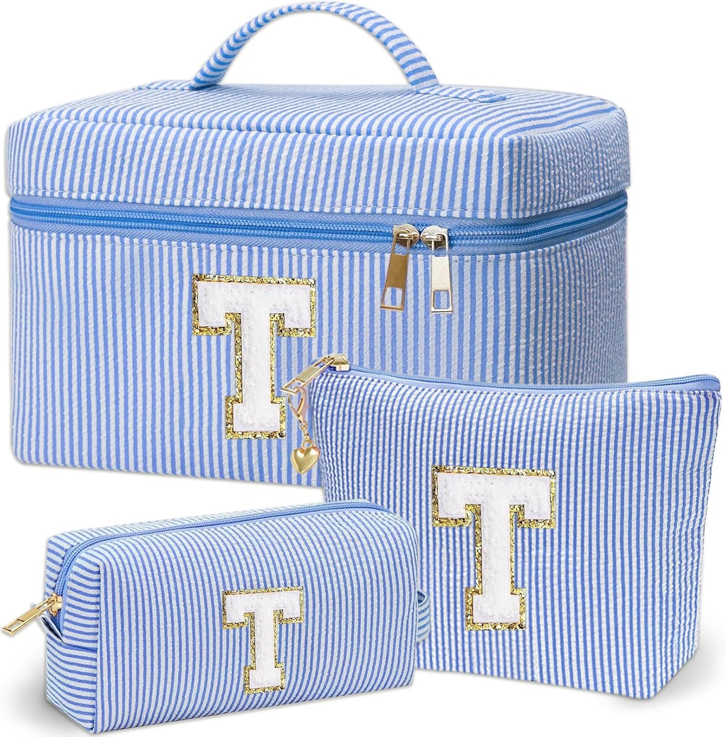 Personalized Monogram Makeup Bag, 3PCS Custom Monogrammed Toiletry Cosmetic Bag for 6-18 Teen Girls Women,Birthday Graduation Gifts Initial Pouch Makeup Bags for Women Girls, Make Up Bag (T, Blue)