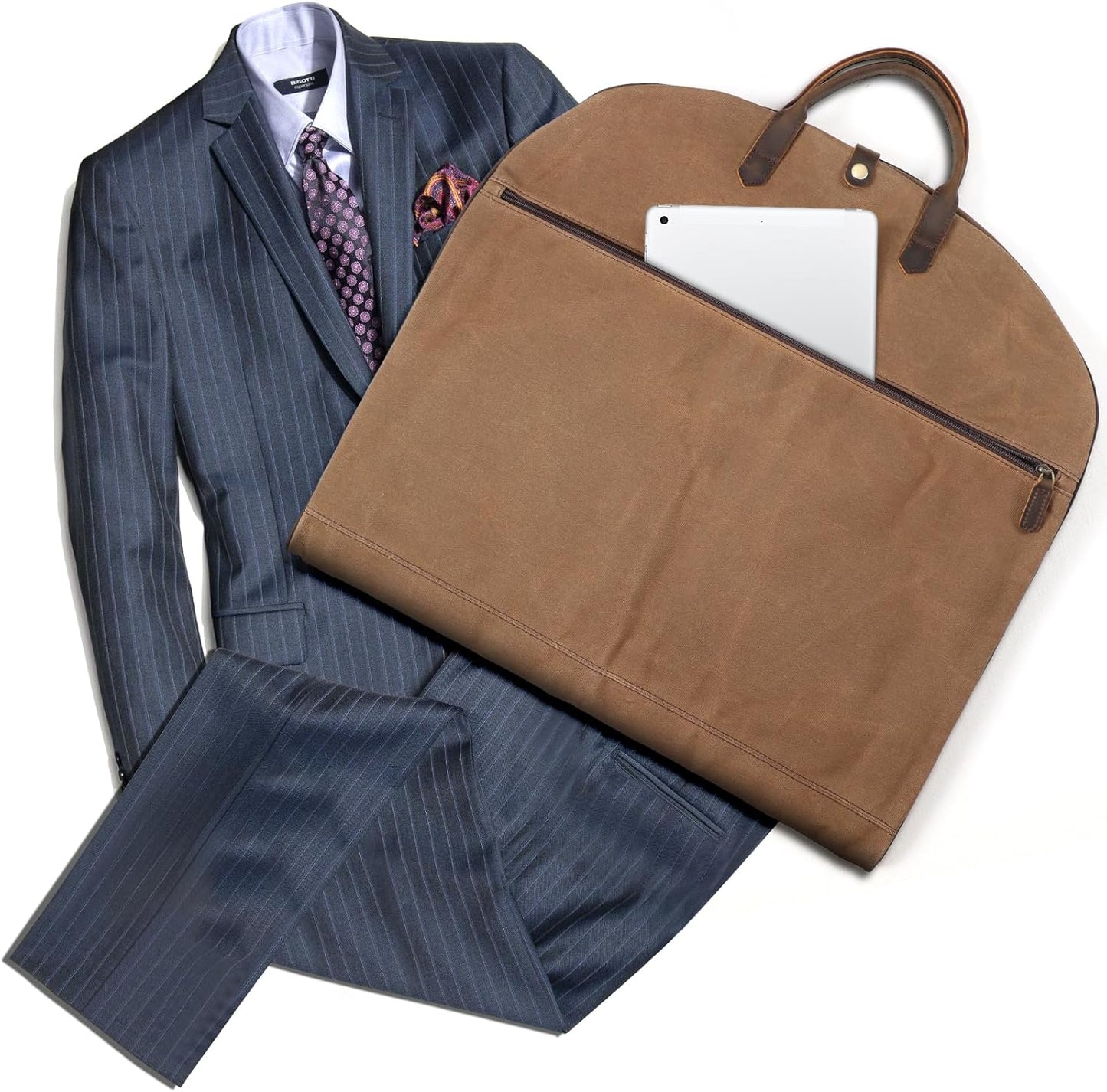 Polare 43” Waxed Canvas Full Grain Leather Trim Carry On Garment Bag for Travel, Waterproof Dust-Proof Foldable Hanging Suitcase Weekender Garment Cover with YKK Zipper