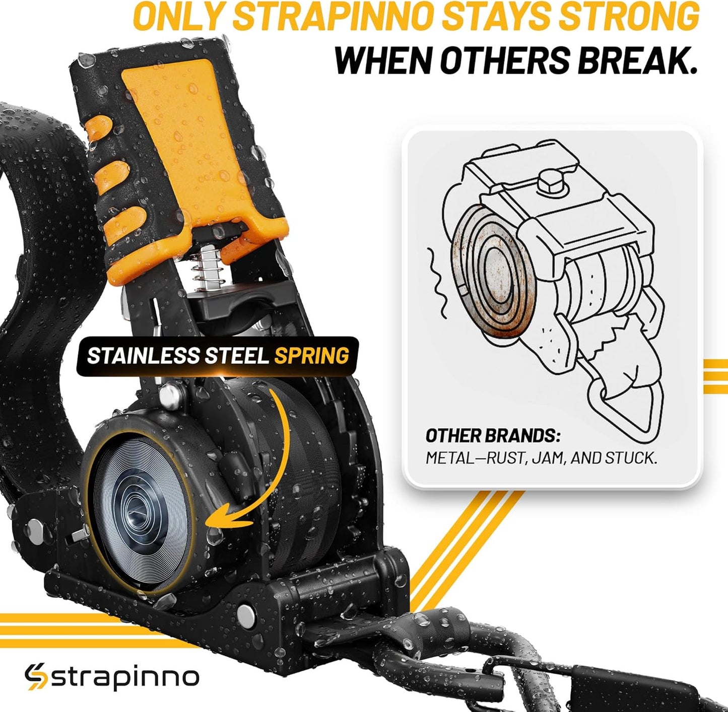 Strapinno Retractable Ratchet Straps 1 in x 10 ft, Secure Tie-Downs with Rubber-Coated Steel Handles, for Motorcycle, Jetski, Kayak, Breaking Strength 1,500LBS/680KG (Black Strap, Black Coated)