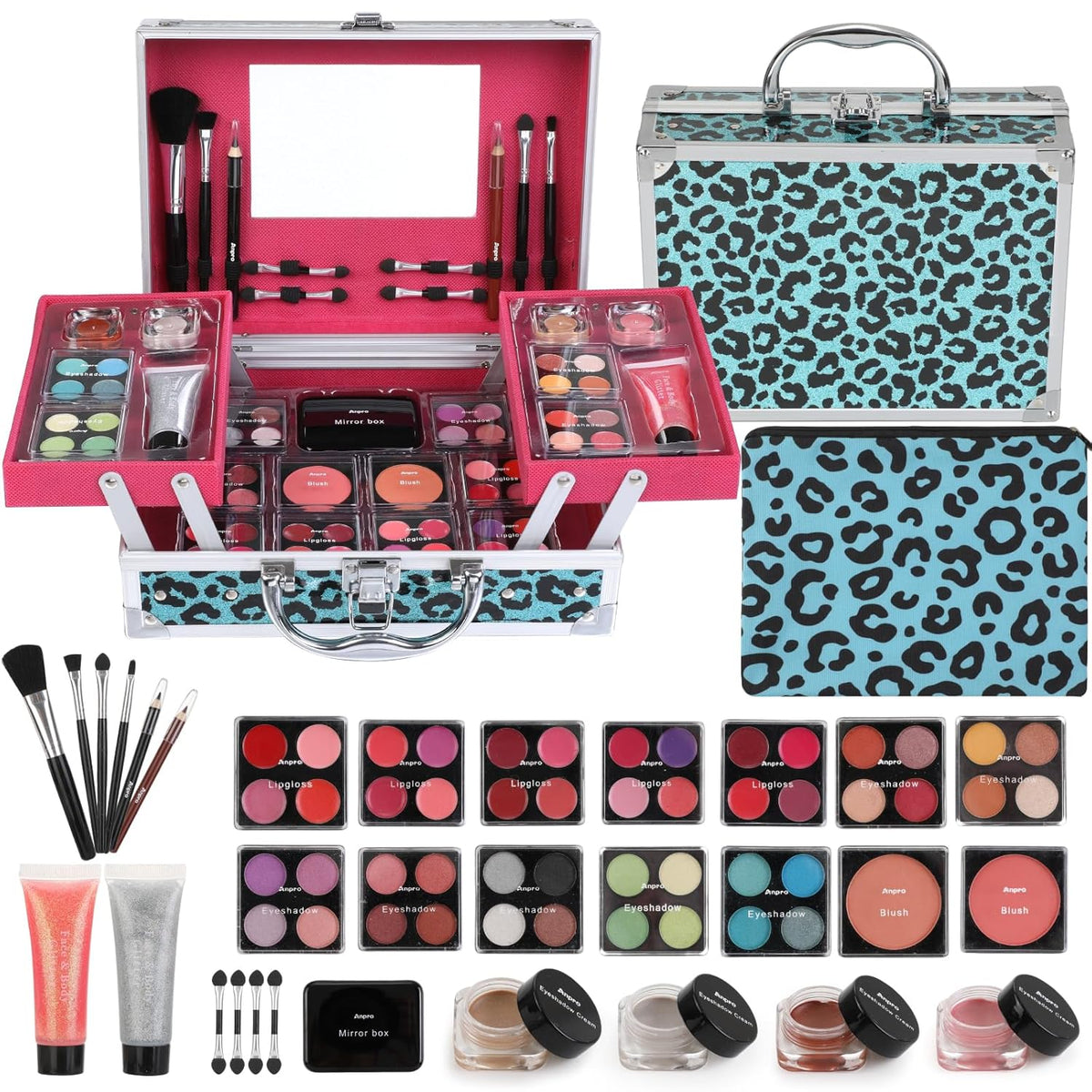 Anpro All-In-One Leopord Double Folding Makeup Carry Case with Pro Teen Makeup Set, Full Starter