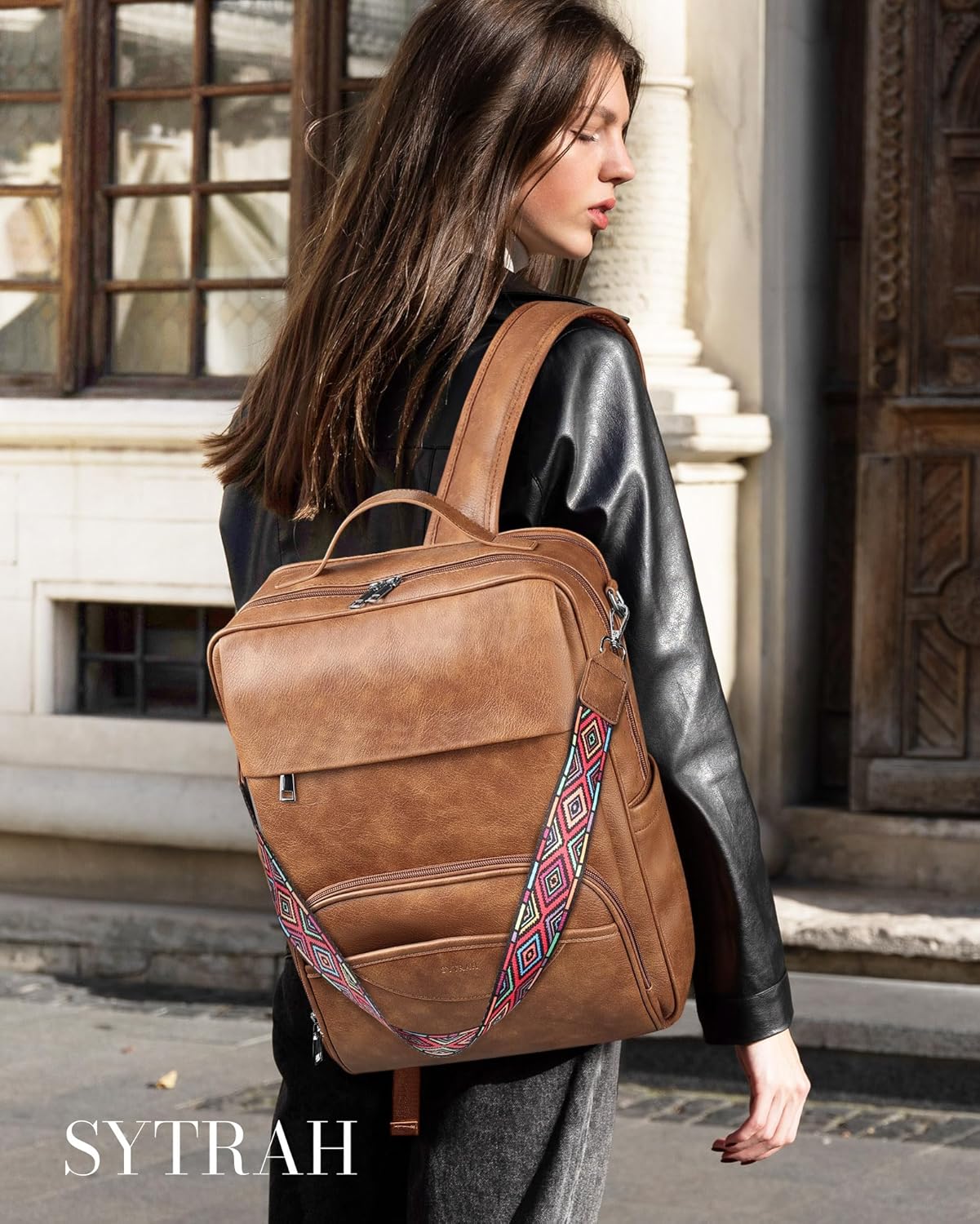 Leather Laptop Backpack for Women, 15.6 Inch Business Computer Bag, Designer College Backpack Travel Backpack with Colorful Shoulder Bag Strap Mocha Brown
