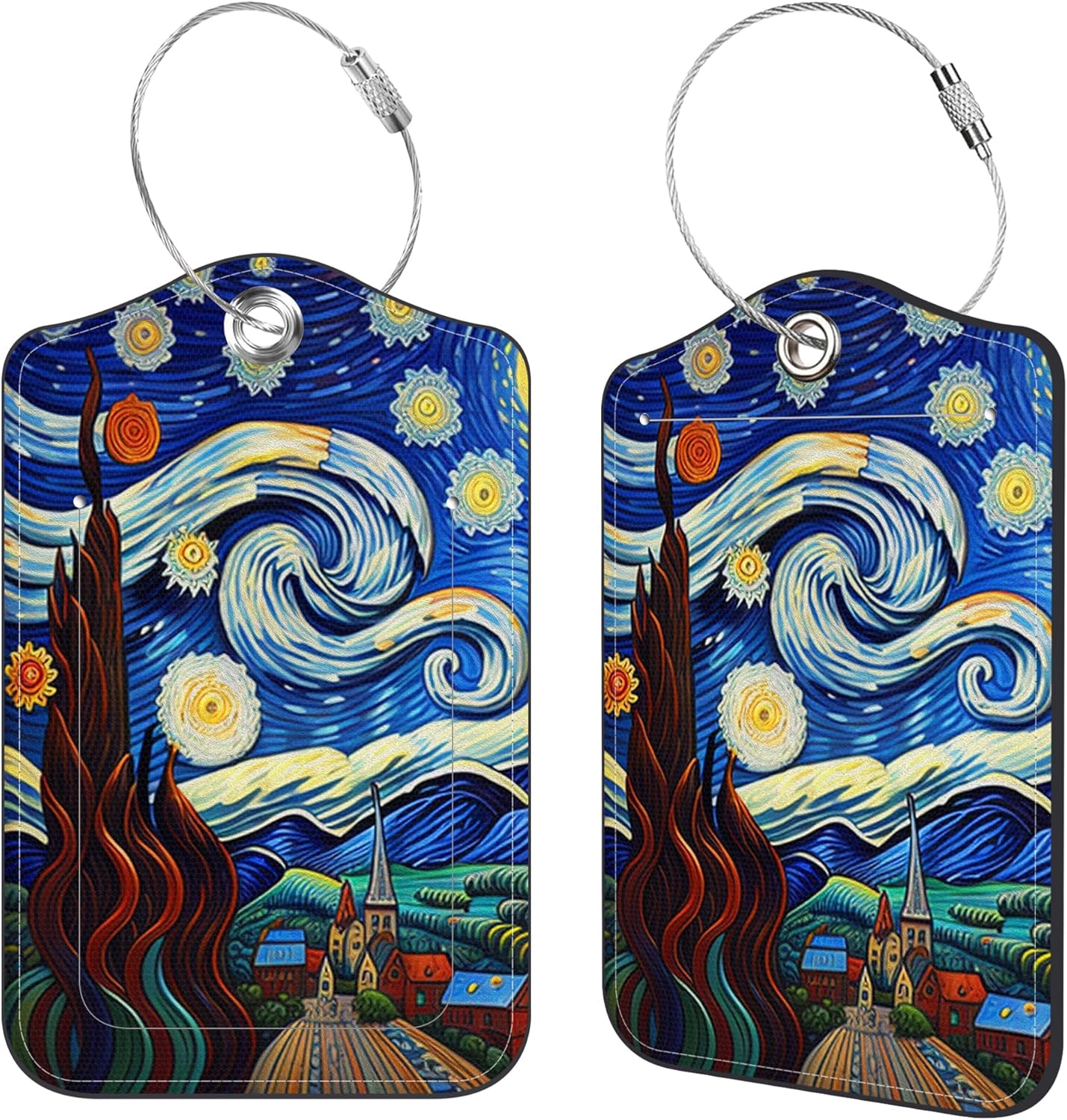 2 Pcs Luggage Tags for Suitcases, Starry Night Leather Bag Tags for Luggage Privacy Cover Name ID Label with Stainless Steel Loop Cruise Airport Travel Essentials