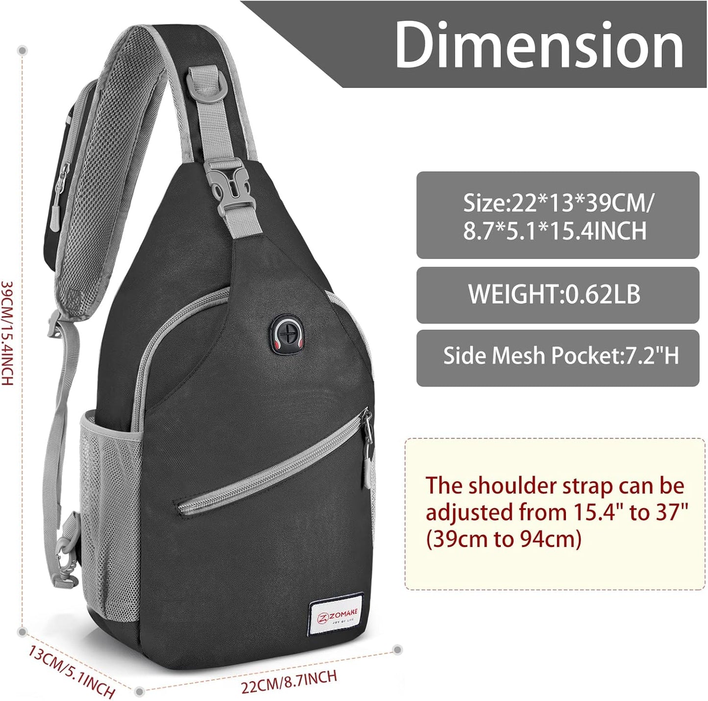 ZOMAKE Sling Bag,Small Crossbody Sling Backpack,Water Resistant Shoulder Daypack for Travel,Anti Thief Chest Bag for Hiking(Black(New))