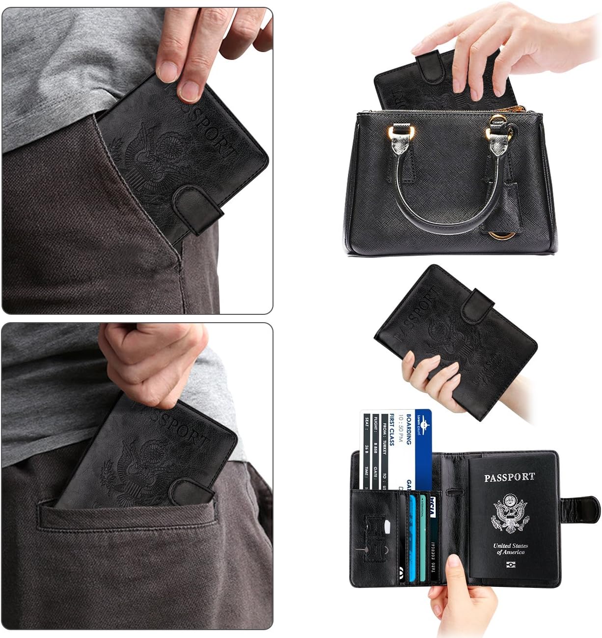 WALNEW Passport Holder for Travel, RFID Passport Cover Wallet for Women Men, PU Leather Passport Book Card Holder Case with Pen, Travelling Essentials for Flying