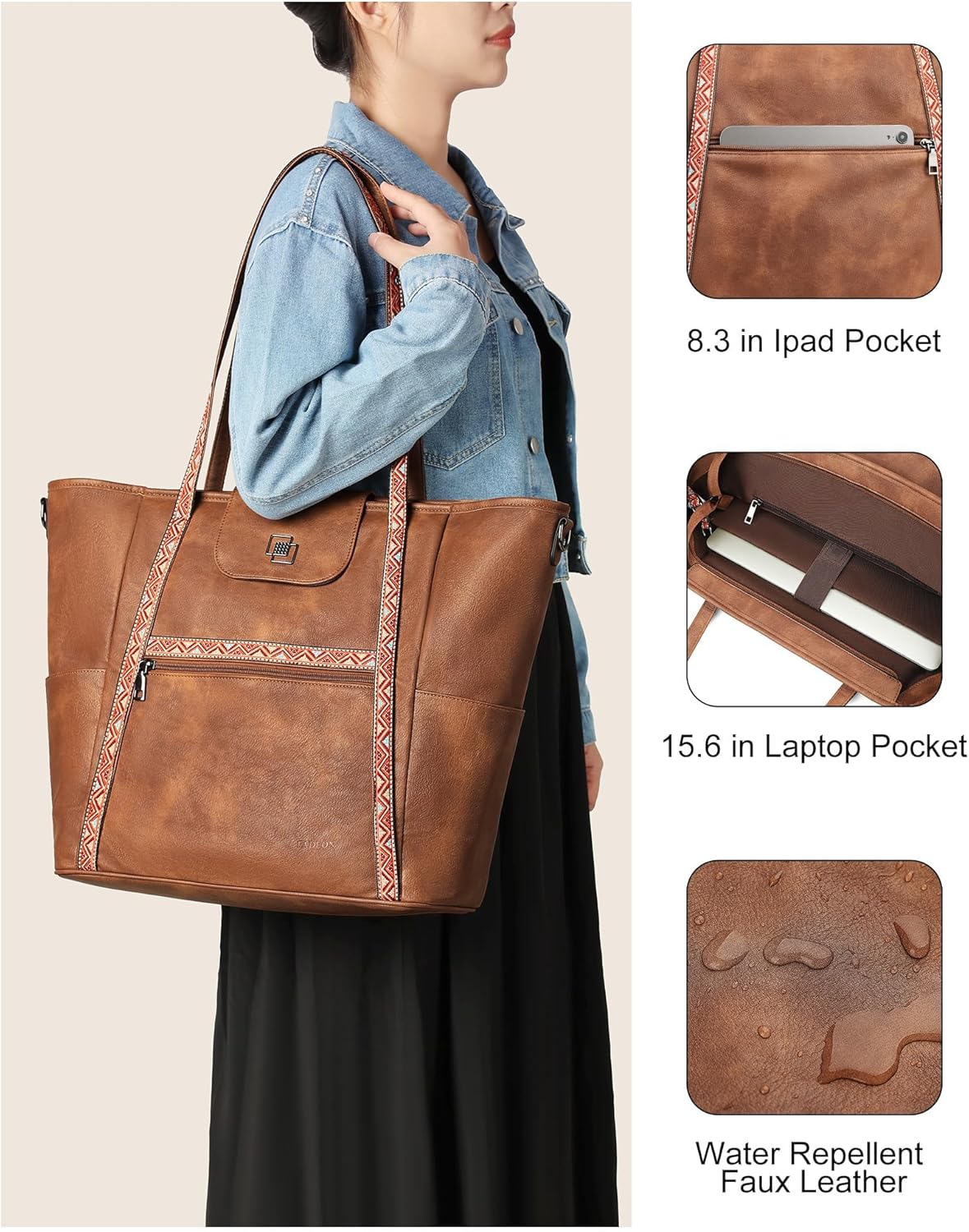 FADEON Large Laptop Tote Bag for Women Designer Leather Laptop Bag Fashion Travel Backpack Purse Shoulder Handbag