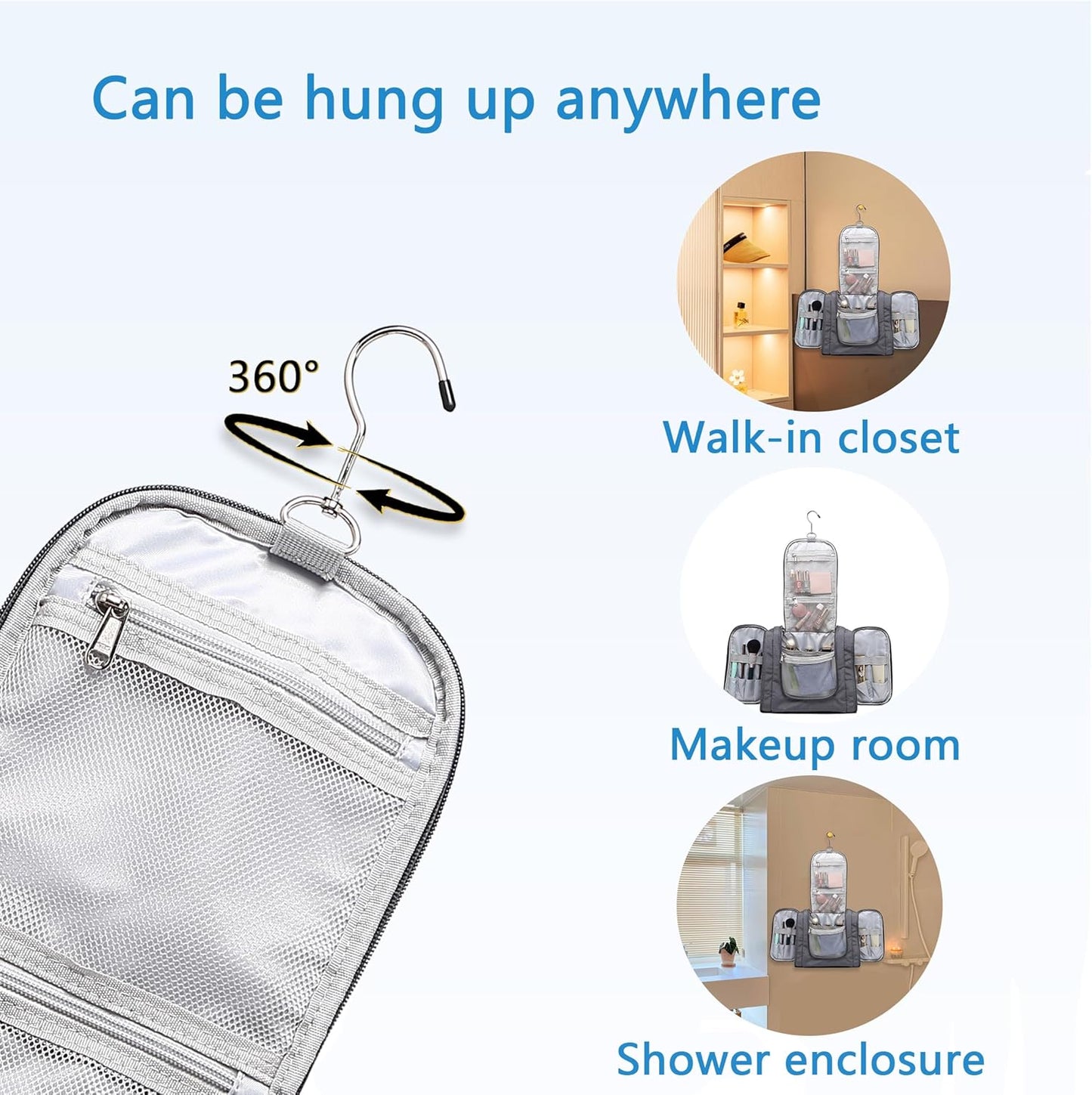 Hanging Toiletry Bag for Men, Travel Makeup with Metal Swivel Hook, Organizer for Full Sized Cosmetics and Toiletries, Water-Resistant Nylon, Grey