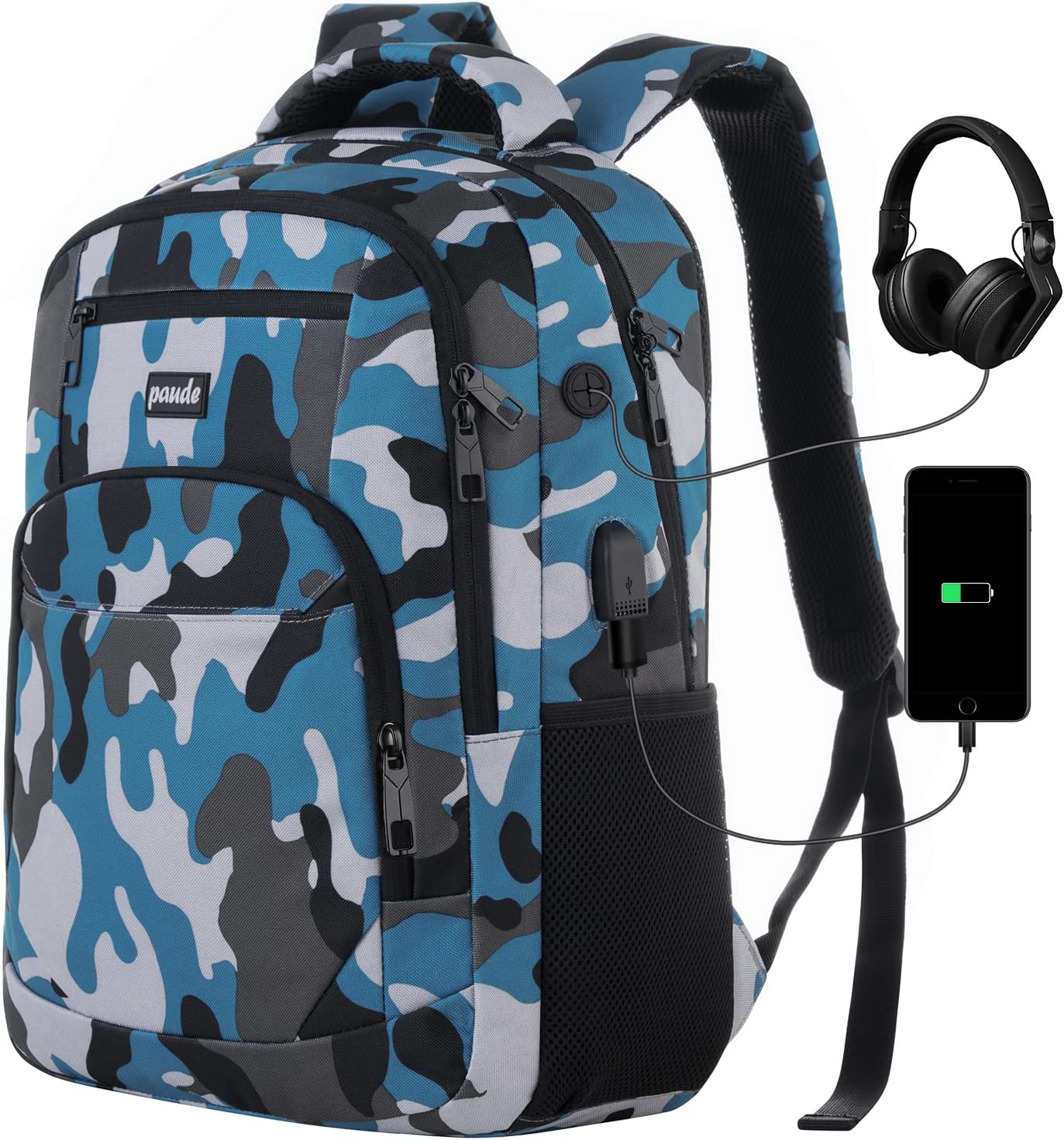 Backpack for Men,College Backpack School Bookbag for Teens,Laptop Bookbag with USB Port and Headphone Hole,Camouflage Blue