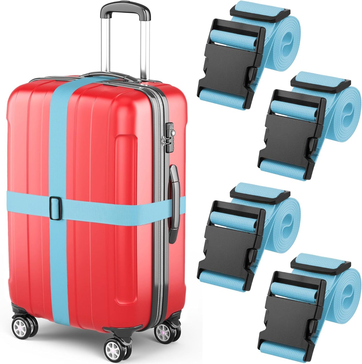 Luggage Straps - Blue, 78" Long, 2 Inches Wide, 4 Pack - Adjustable Nylon Belt for Travel Suitcases & Bags - by Mifflin-USA