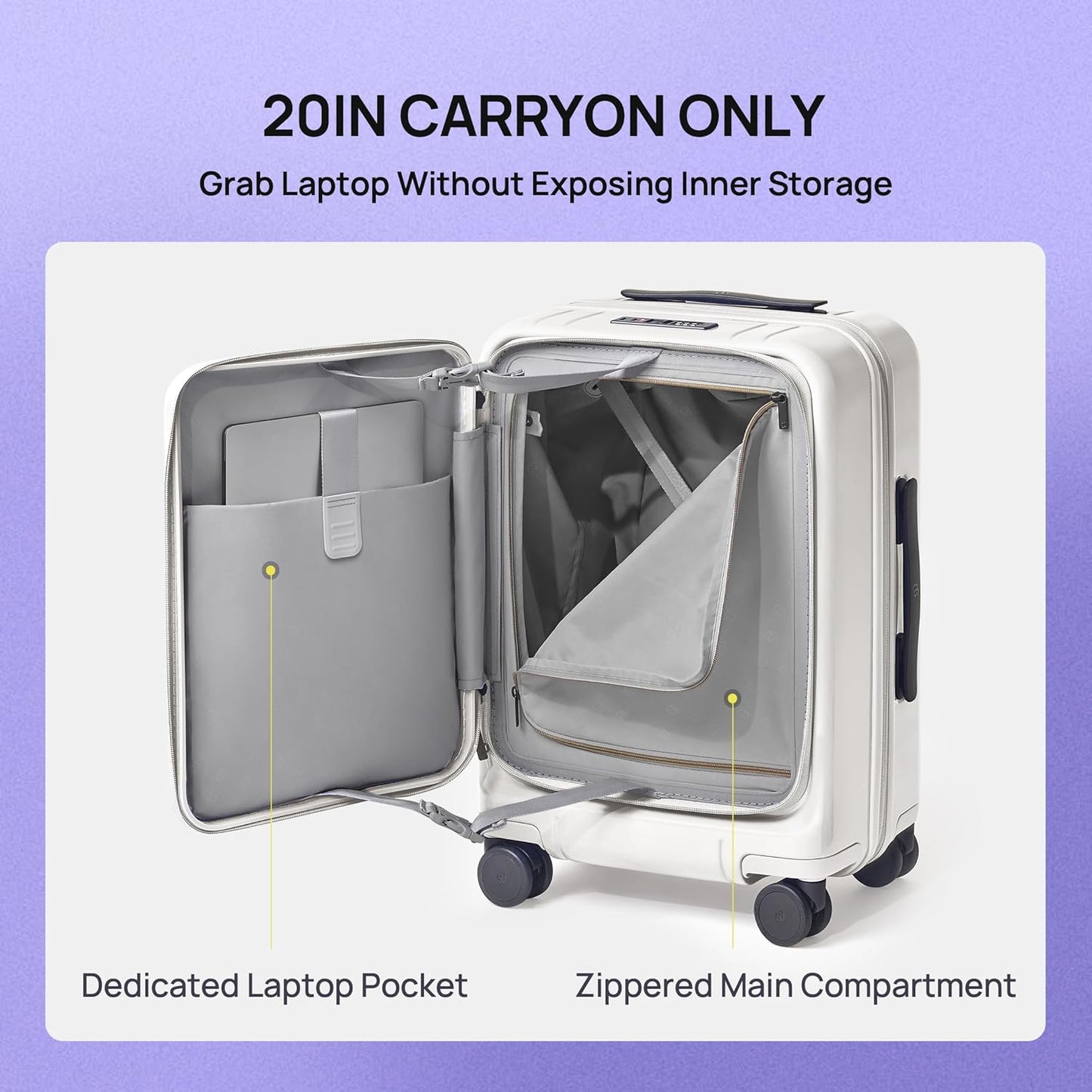 NINETYGO Carry On Luggage 22x14x9 Airline Approved, Top Opening Luggage 20 Inch Suitcase, Expandable, PC Hard Shell, Larger Capacity Carryon, TSA Lock, 360° Spinner Wheels (White, Hobo Pro)