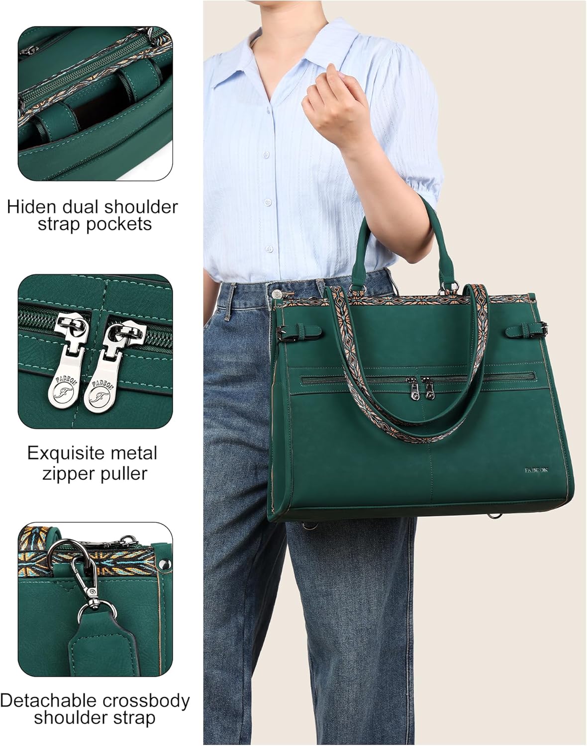 FADEON Laptop Bag for Women Designer PU Leather Large Tote Bags Backpack Purses with 15.6 Laptop Compartment Shoulder Handbag