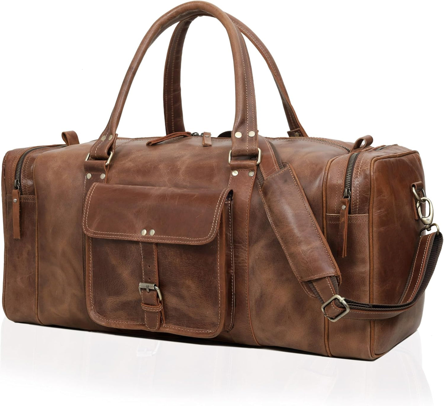 Leather Duffel Bag for Men & Women, Genuine Weekender Travel Bag, Handmade Overnight Gym Bag with Shoulder Strap, Carry-On for Business & Outdoor Travel (Asher Duffel, Light Brown, 22 Inch)