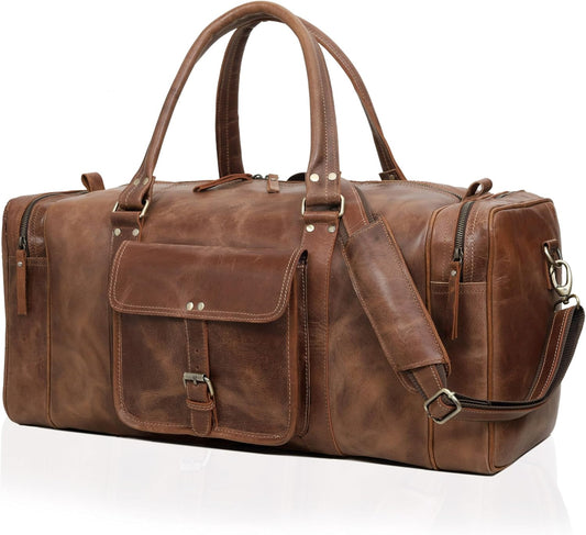 Leather Duffel Bag for Men & Women, Genuine Weekender Travel Bag, Handmade Overnight Gym Bag with Shoulder Strap, Carry-On for Business & Outdoor Travel (Asher Duffel, Light Brown, 22 Inch)