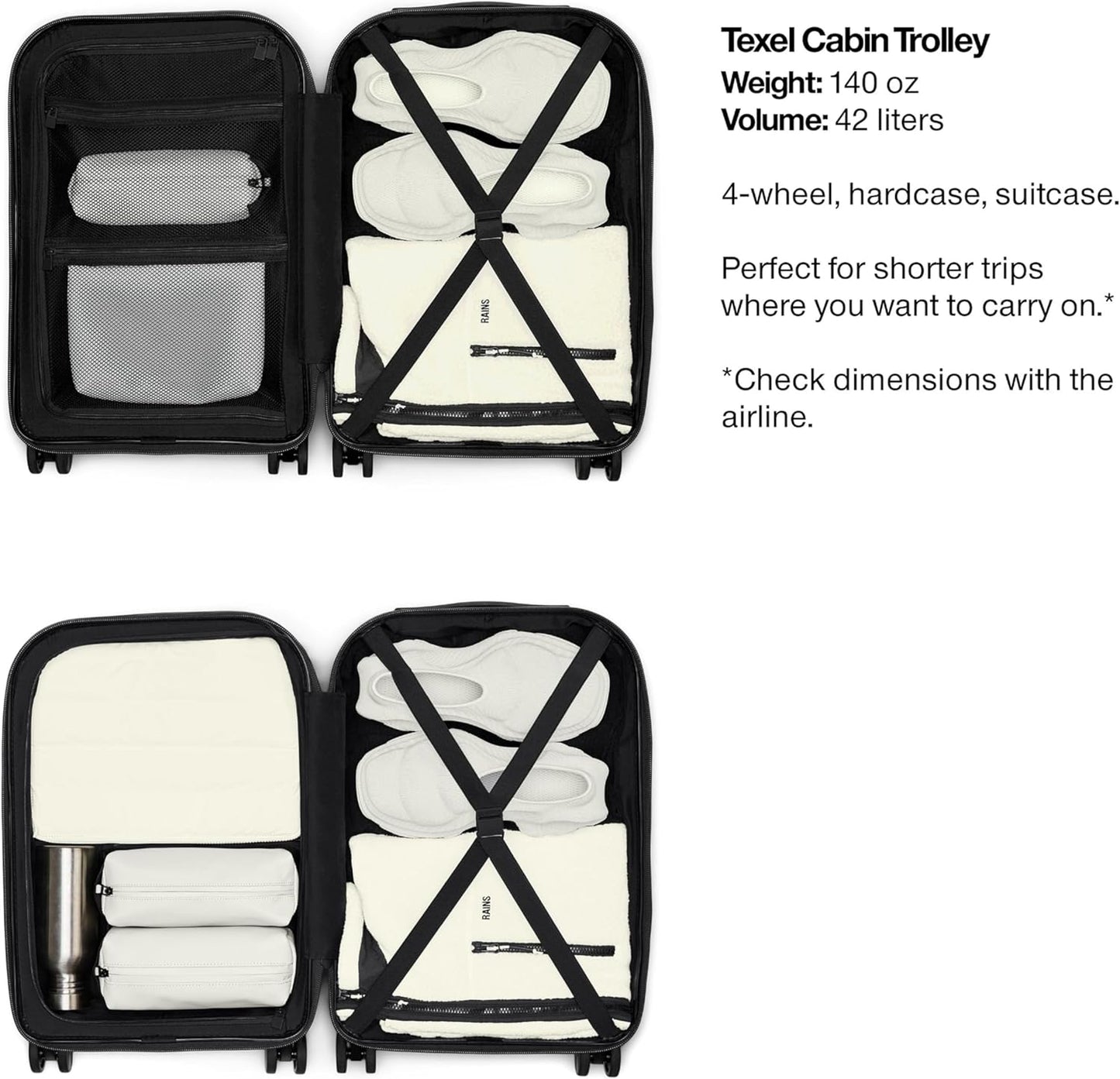 RAINS Texel Cabin Trolley, Carry On Suitcase with Spinner Wheels - Waterproof 2 Year Warranty - Lightweight, Durable Travel Luggage