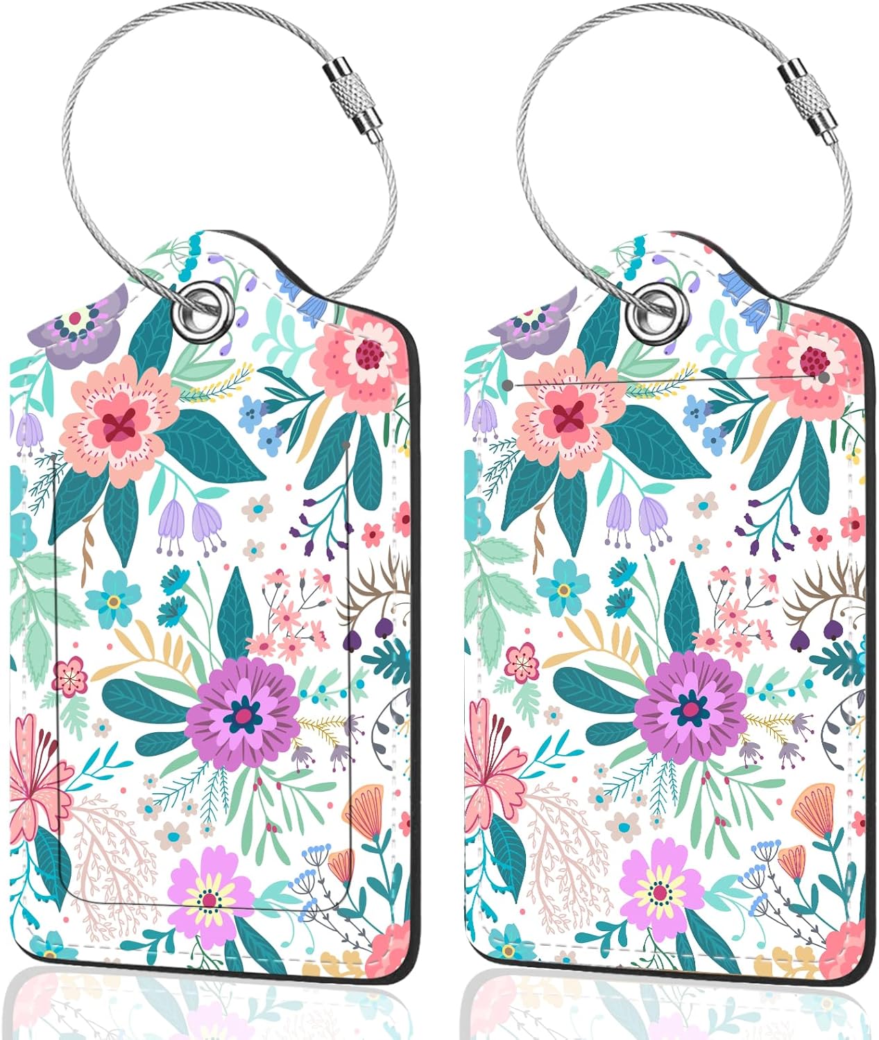 2Pack Luggage Tags for Suitcases, Cute Unique Pu Leather Cruise Luggage Tag with Privacy Cover ID Label Address Card and Metal Ring Suitable for Women Men Kids Travel Bag Colorful Flowers 2