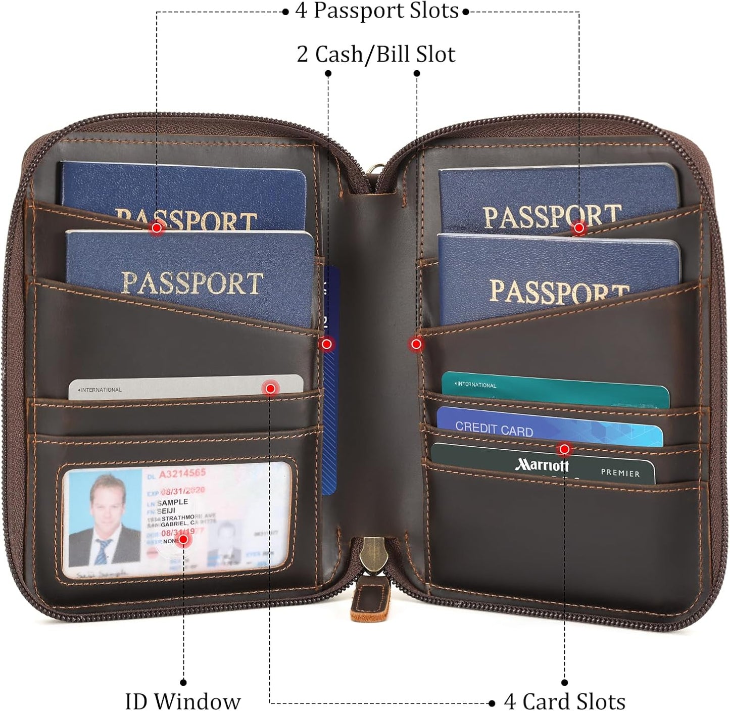 Polare Full Grain Leather Family Passport Wallet for 4 Passports, RFID Blocking Bifold Passport Cover Travel Document Organizer Holder for Women and Men