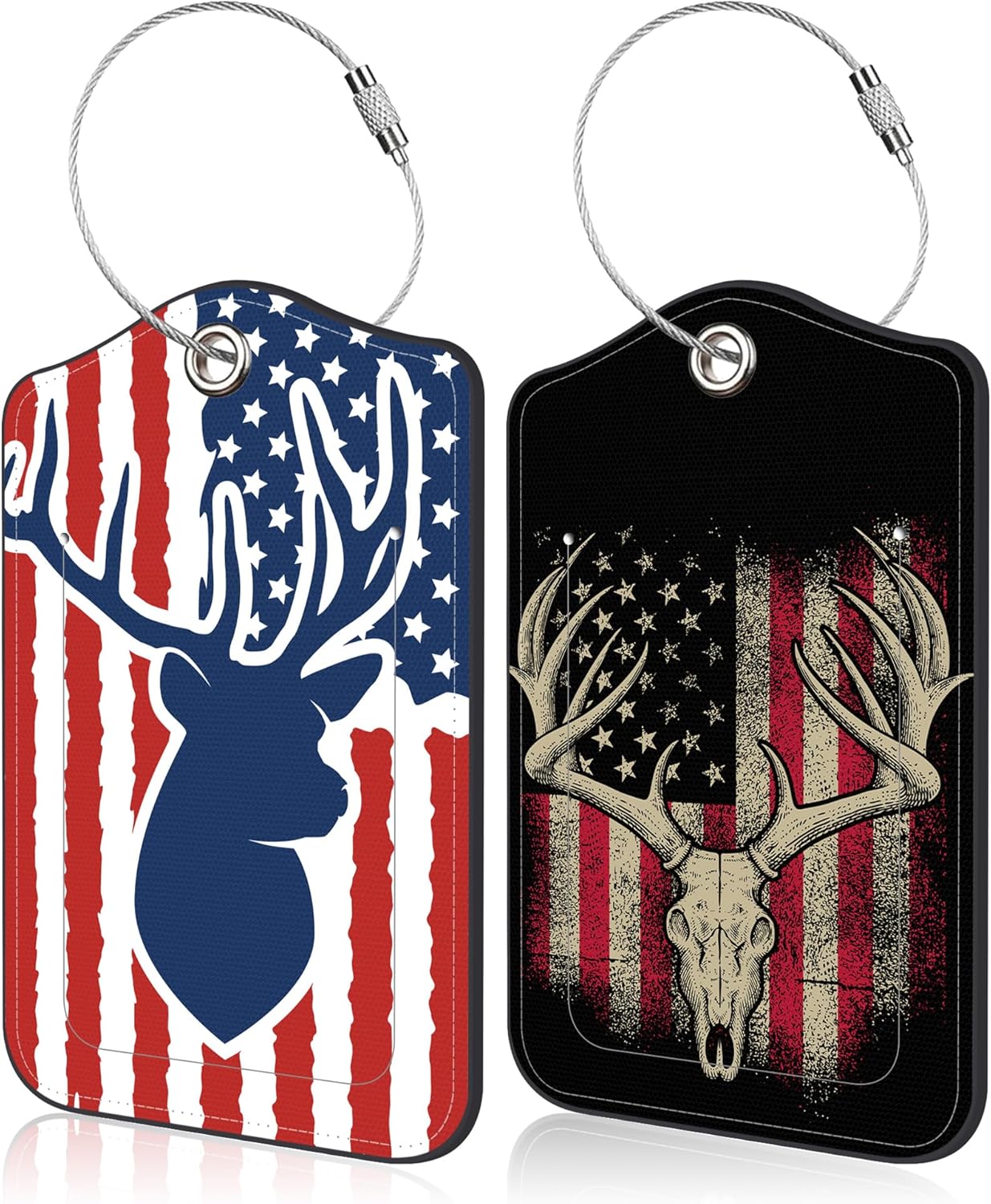 2 PCS American Hunting Deer Flag Luggage Tag for Suitcase Hunter American Flag Deer Leather Suitcase Tags with Name Address Card Label Privacy Cover and Stainless Steel Loop for Women Men