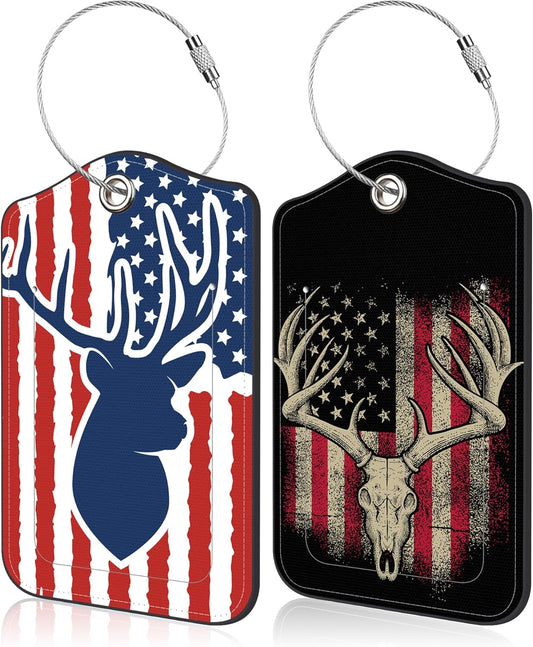 2 PCS American Hunting Deer Flag Luggage Tag for Suitcase Hunter American Flag Deer Leather Suitcase Tags with Name Address Card Label Privacy Cover and Stainless Steel Loop for Women Men