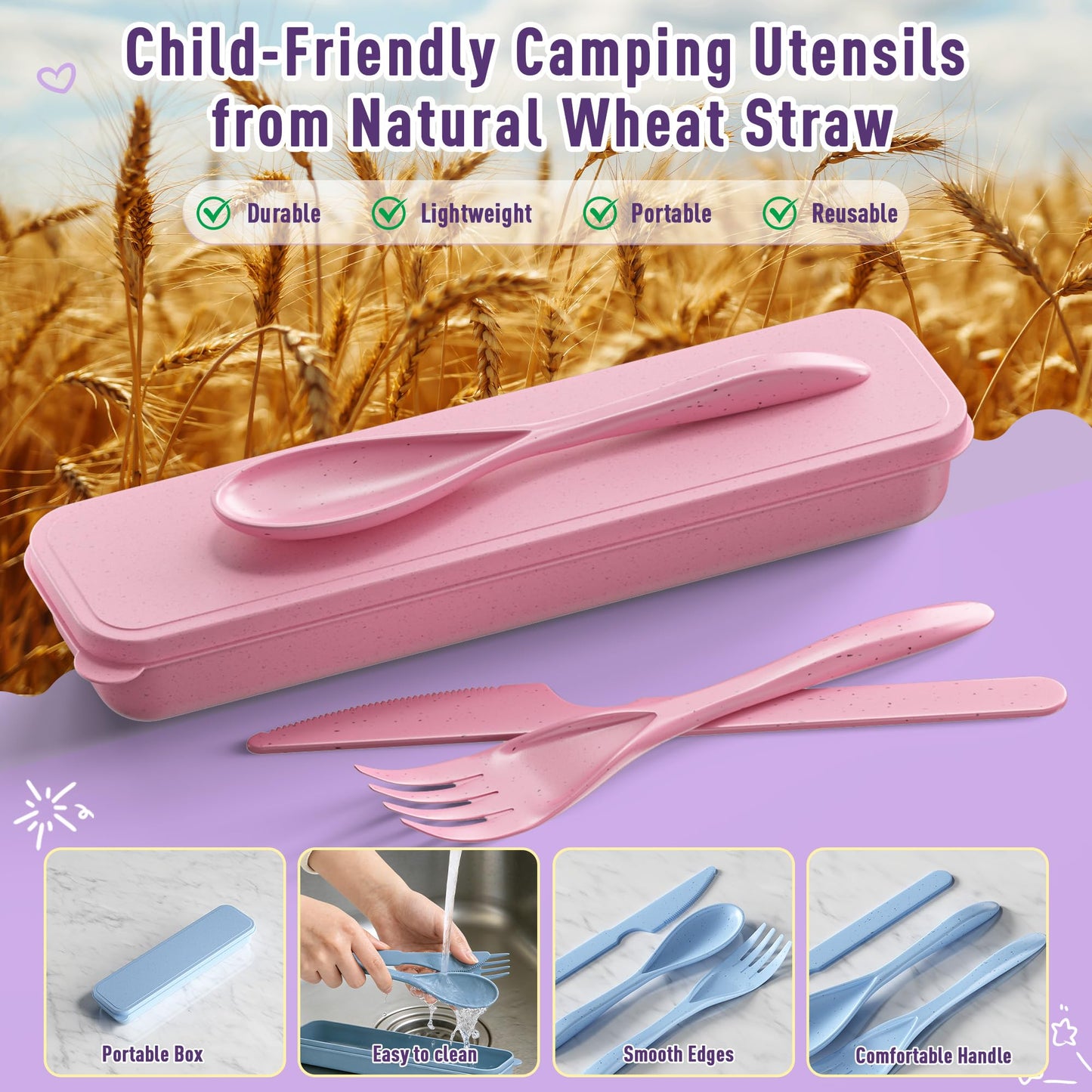 Quatish Reusable Travel Utensils Set with Case, 6 Sets Wheat Straw Camping Utensil Sets, Portable