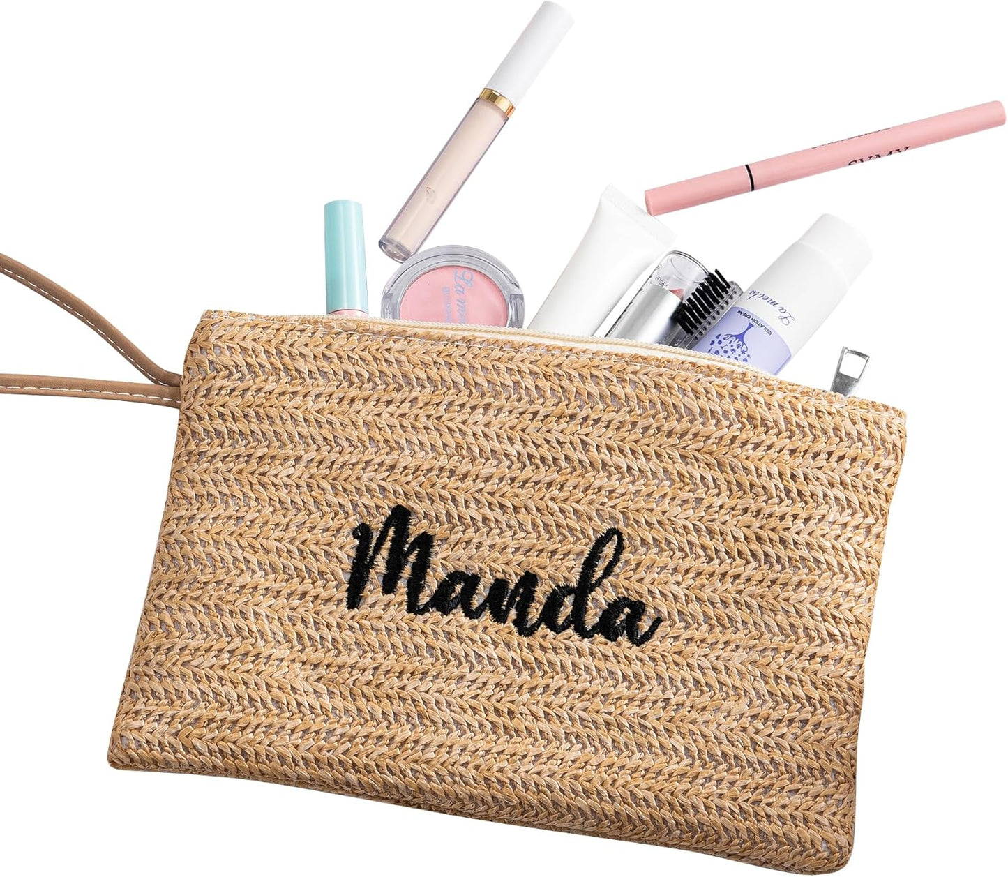 Personalised Straw Clutch Purse, Personalised Embroidered Cosmetic Bag, Handwoven Straw Cosmetic Bag with Leather Trim, Bridesmaid Gift