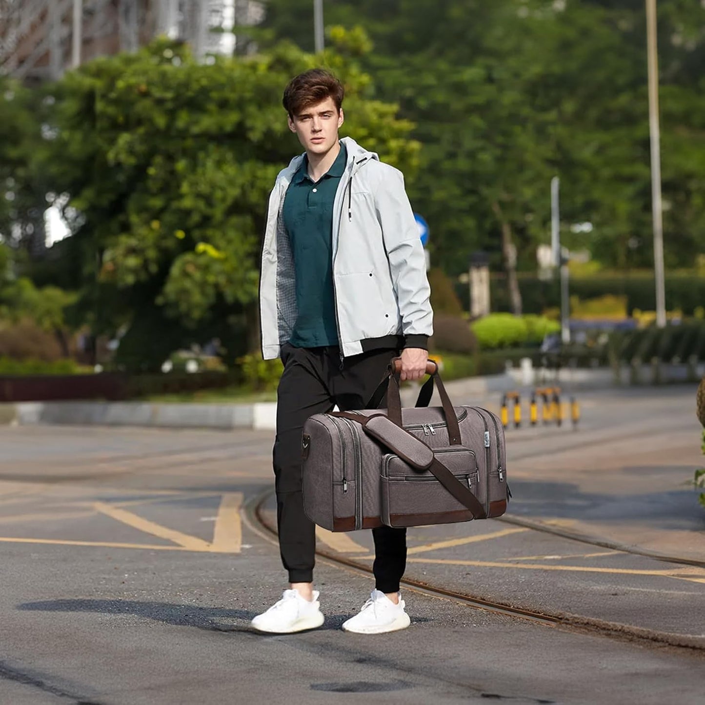 Wolhbege Duffle Bag for Travel,Mens Travel Bag & Carry On Bag for Men with Expandable Design and Luggage Sleeve –Duffel Bag for Gym, Weekender, Overnight Trips Grey