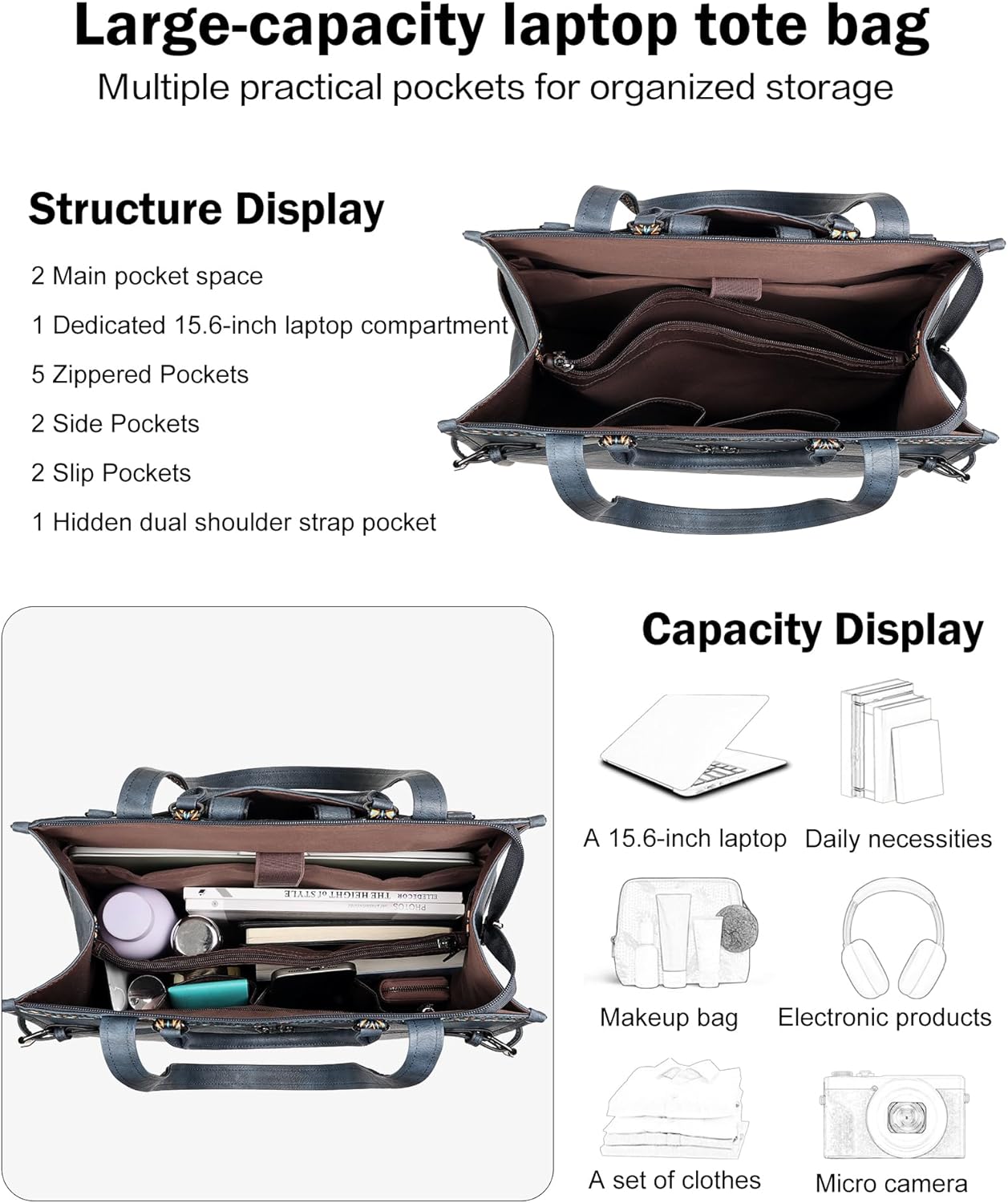 FADEON Laptop Bag for Women Designer PU Leather Large Tote Bags Backpack Purses with 15.6 Laptop Compartment Shoulder Handbag