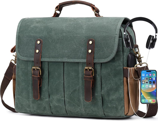 Messenger Bag for Men 15.6 Inch Vintage Canvas Genuine Leather Briefcase for Men Laptop Bag Satchel Shoulder Bag
