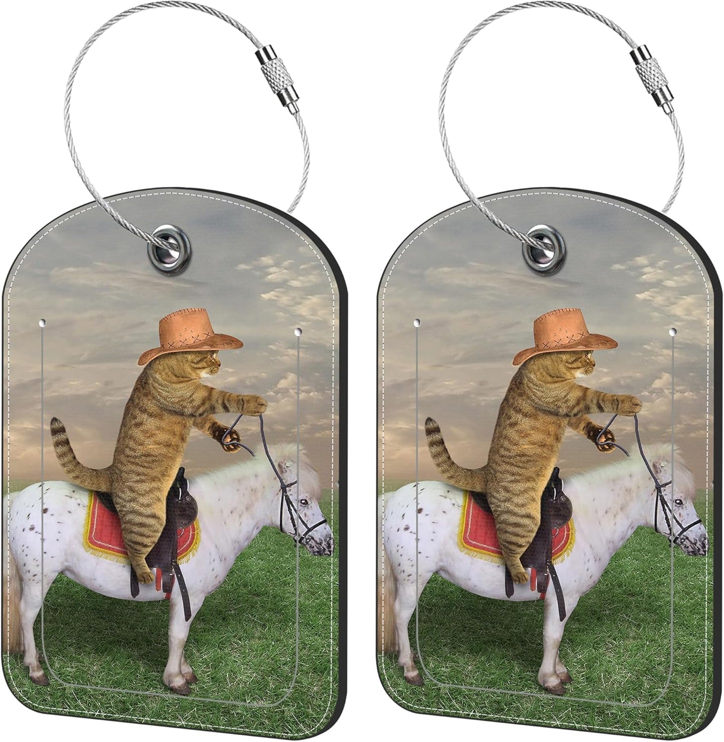 2 Pack Cute Luggage Tag for Suitcases Cat Cowboy Leather Luggage Tags with Stainless Steel Loop Privacy Flap Name Tags,Men and Women Travel Bag Suitcase Tags
