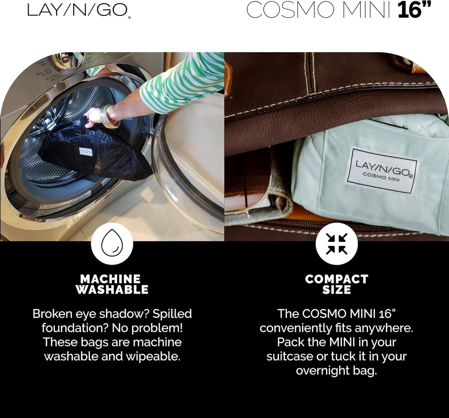 Lay-n-Go Cosmo Layflat Drawstring Cosmetic & Makeup Bag Organizer w/Zipper Pocket, Brush Loops & More, Cinch to Close, Lay Flat to Use, Durable, Machine Wash, Travel Toiletry Bag (16", Black)