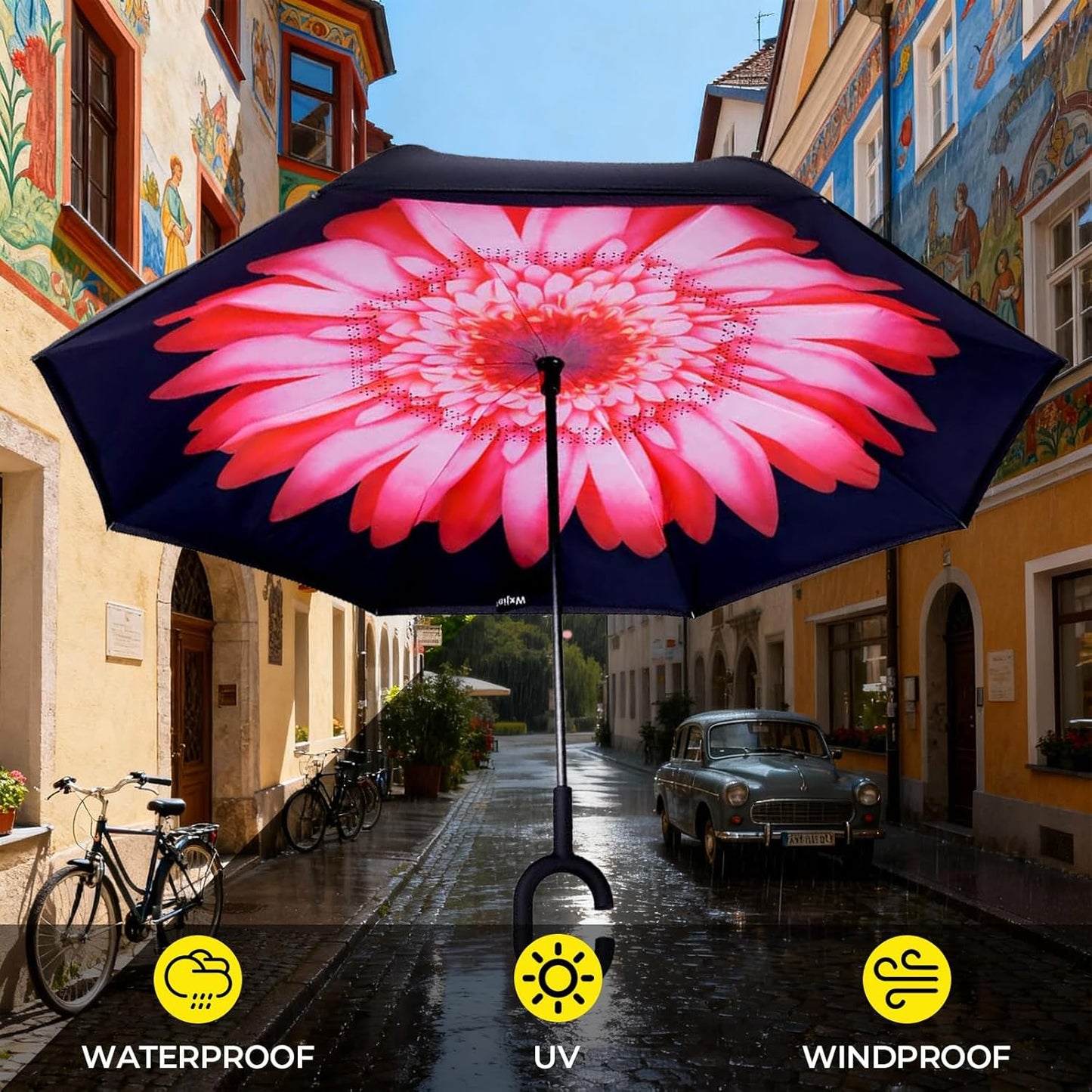 LLanxiry Windproof Inverted Umbrella, Large Reverse Umbrellas for Rain with C-shaped Handle Big Upside Down Inside Out Umbrella for Women & Men