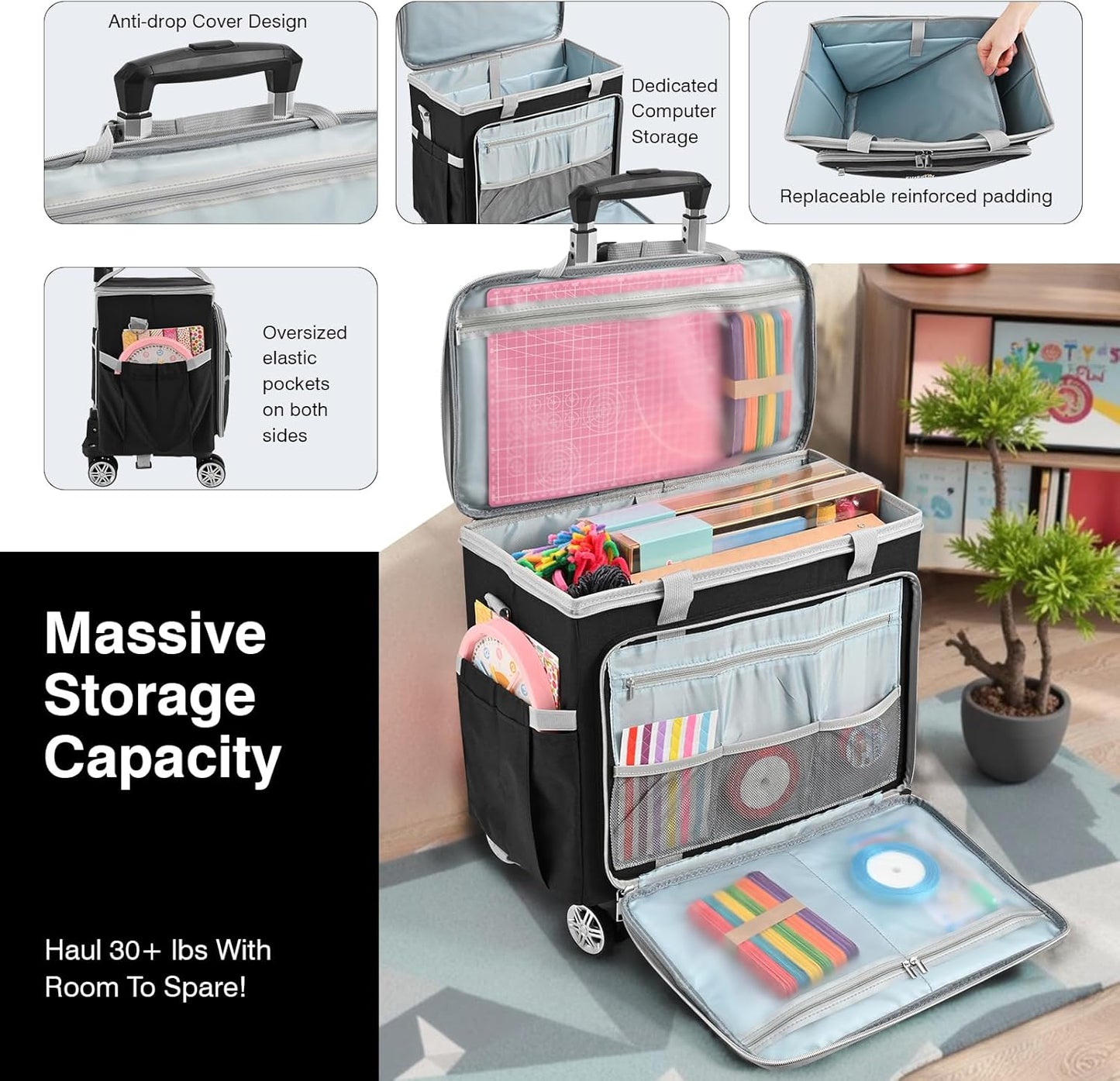 Rolling Tote Bag for Women Teacher Bag Rolling Cart Briefcase with Wheels Carry on Wheeled Bag for Work,Office,Craft Black