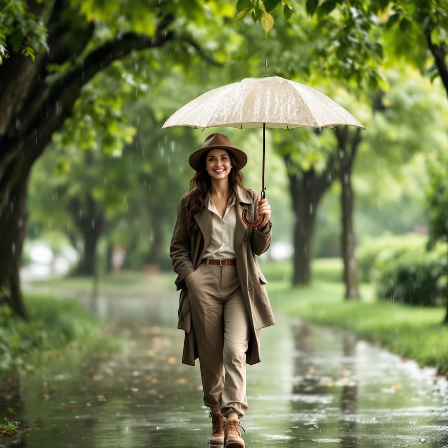 SoulRain 48" Large Umbrella –Windproof Stick Umbrellas for Rain, Automatic Open, Vintage Cane big Umbrella with Classic Wooden Handle,Open for 2 Persons adult,for Women & Men(Beige)