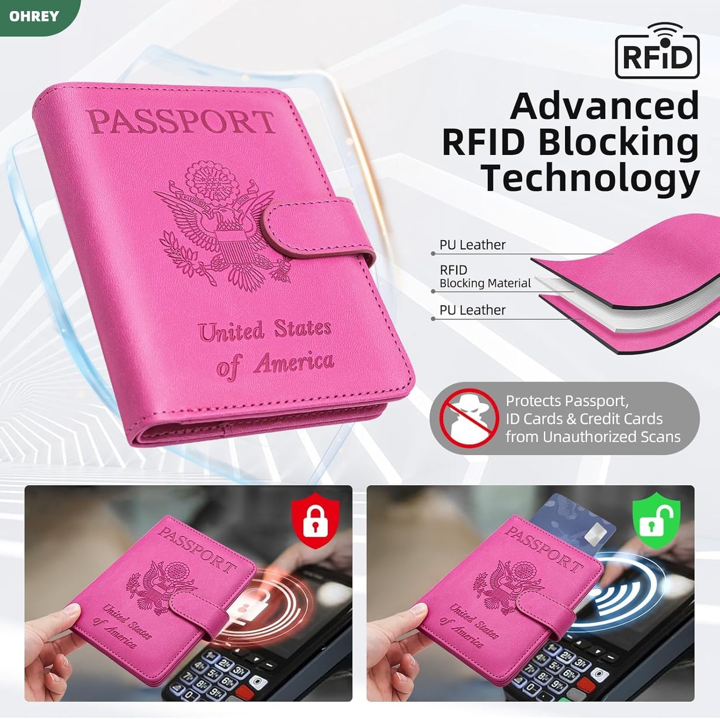 Passport Holder for Travel Family with Slot for AirTag & Luggage Tag Cover, – RFID Blocking Passport Wallet for Women & Girl | PU Leather Passport Cover Case with Money Pocket – Pink