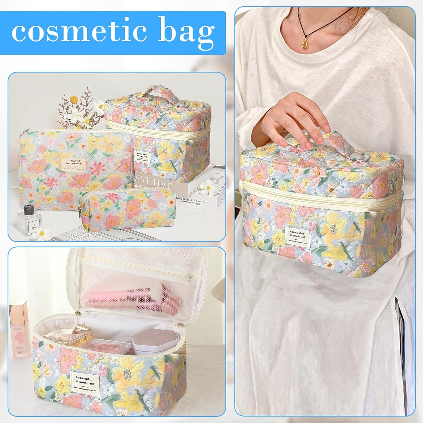 Quilted Makeup Bag, Large Capacity Travel Cosmetic Bag for Women and Girls, Aesthetic Storage for Daily and Travel Use (3pcs-floweroilpainting Print)